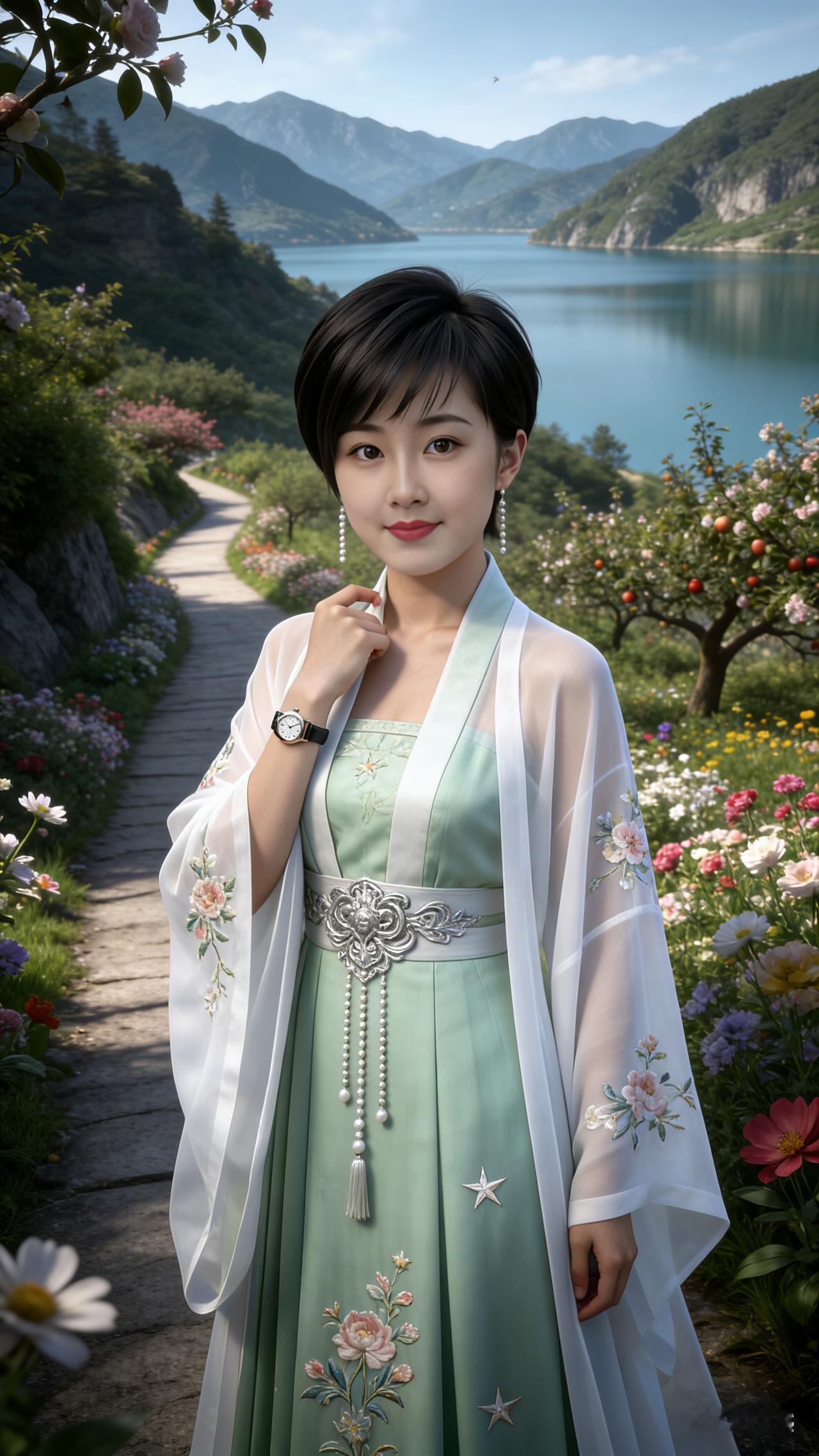 自然光线勾勒清新雅致风韵，浅绿白交织长裙绣花卉星点，轻纱广袖灵动飘逸，银饰珠链腰