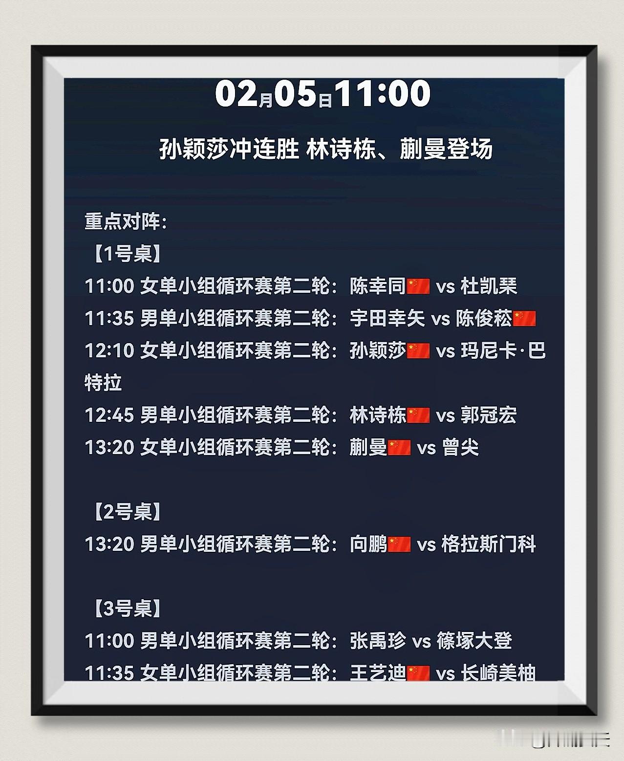 孙颖莎今天能否连胜？
当然。
王艺迪能否继续压制长崎美柚？
必须。
今天上午，亚