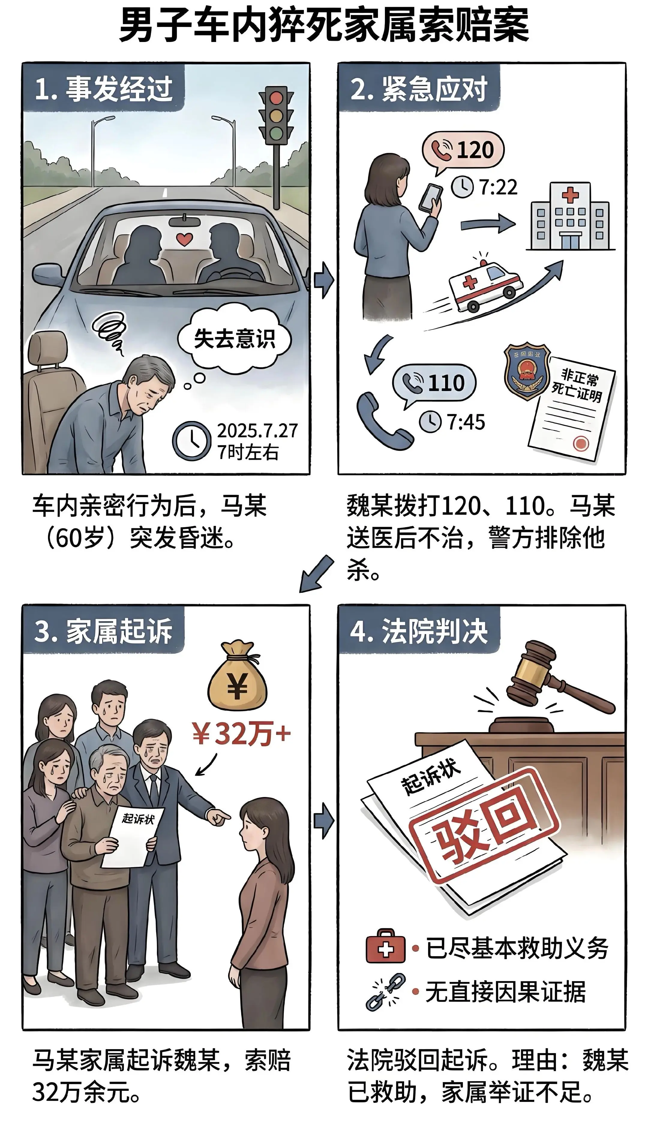 60岁男子与女子在车内发生亲密行为猝死，家属起诉女方索赔32万元被驳回！
