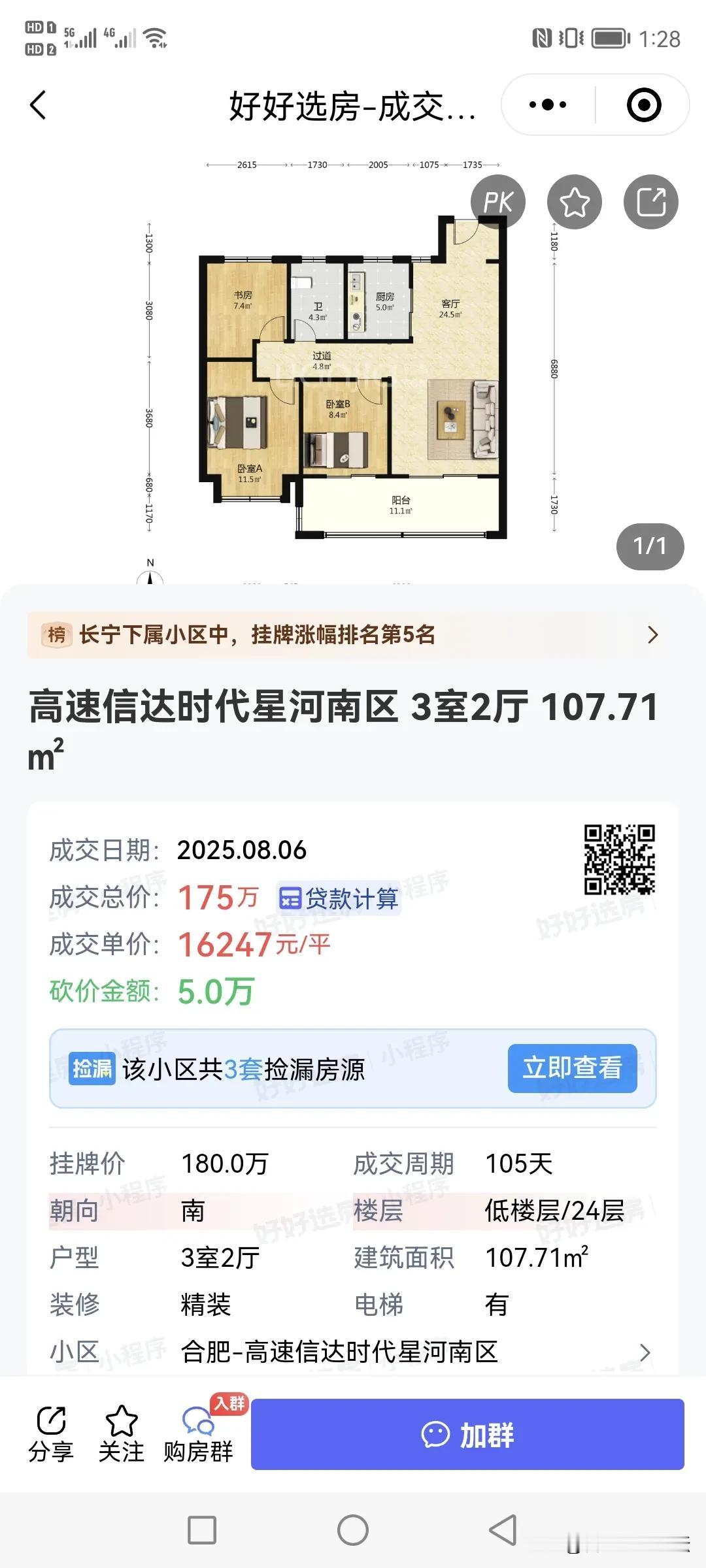 合肥高新区当年逢开必摇号的楼盘，高速时代星河，成交一套二手房，单价一万六。这个价