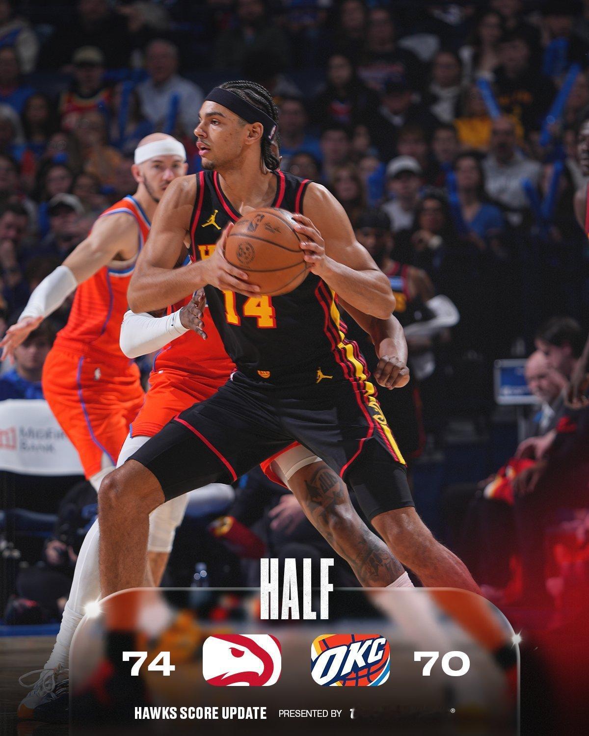 特雷·扬和杰伦·约翰逊都不打，老鹰面对雷霆半场74分老鹰vs雷霆