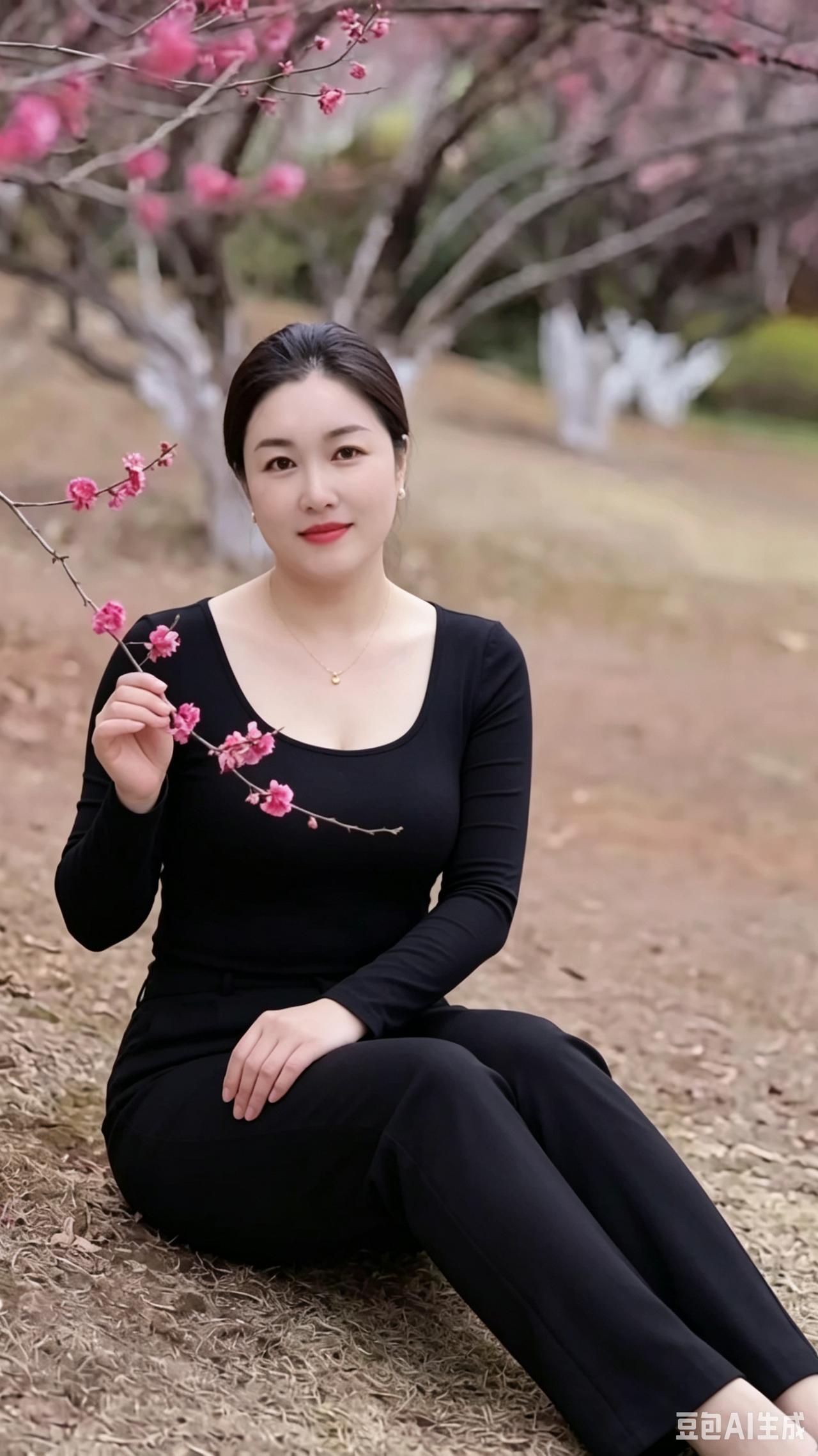梅下佳人
满园梅蕊沐春风，静处芳丛意韵融。
束发柔婉含雅趣，黑衣洒脱见从容。
金