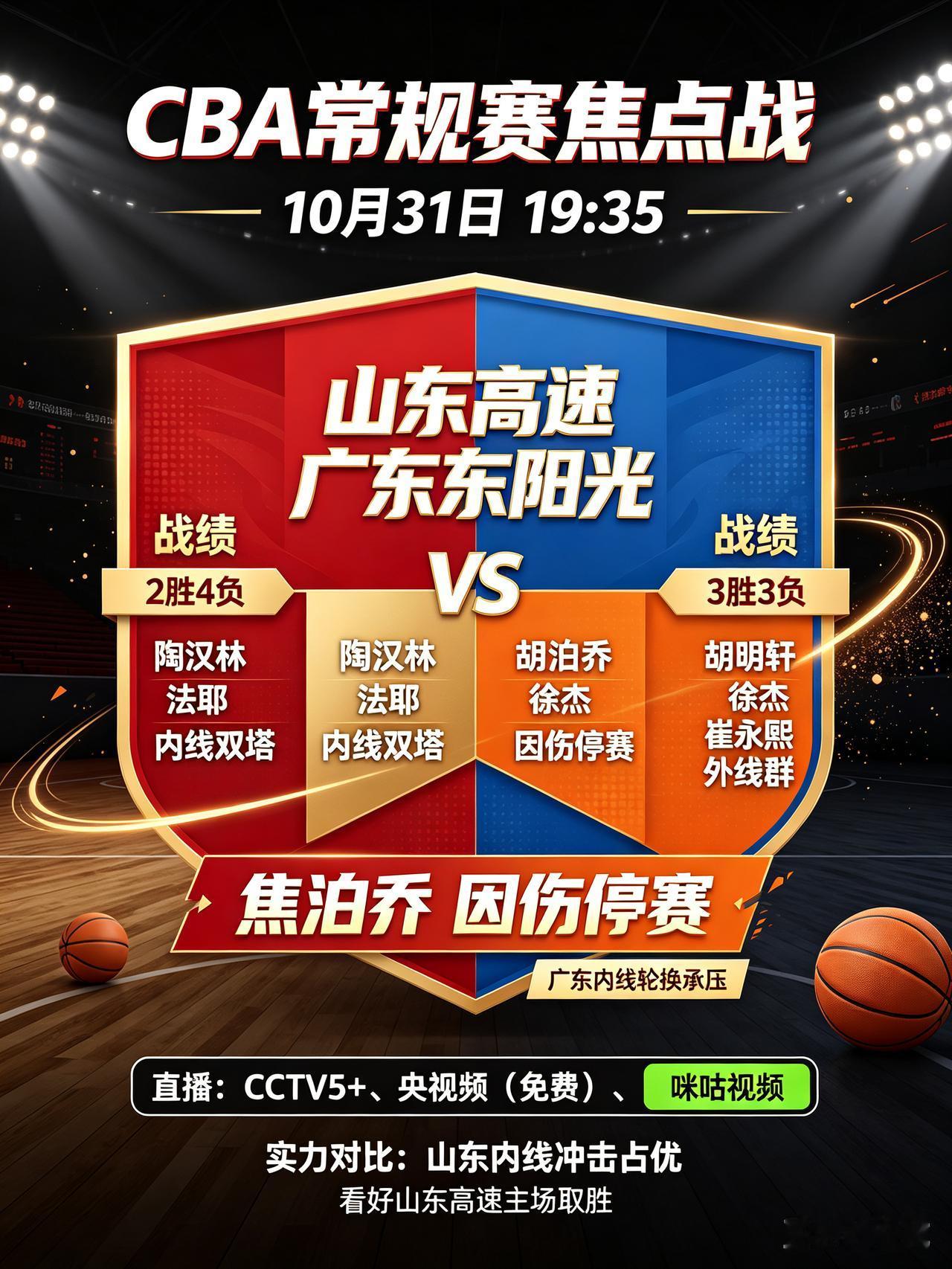 内线受损！山东高速主场迎战广东东阳光。CCTV5+直播！
    今天是10月3