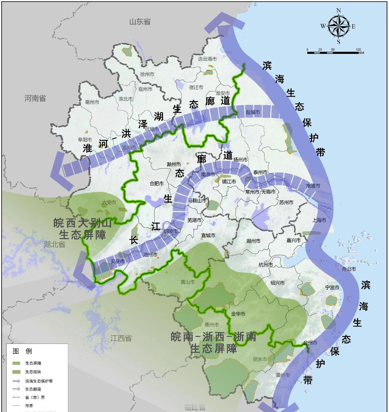 长江三角洲生态廊道示意图