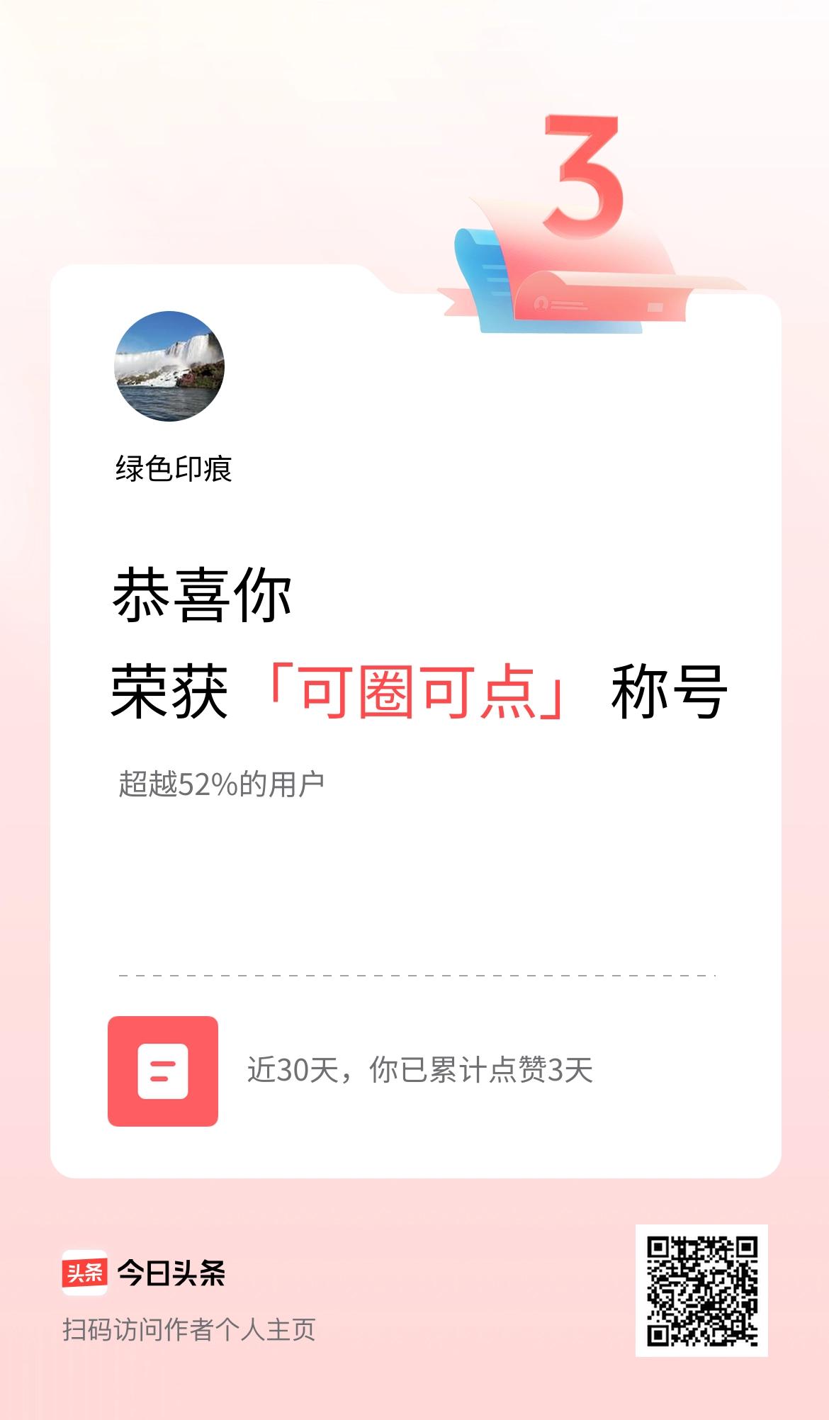 我在头条30天内点赞打卡3天，获得“可圈可点”称号
