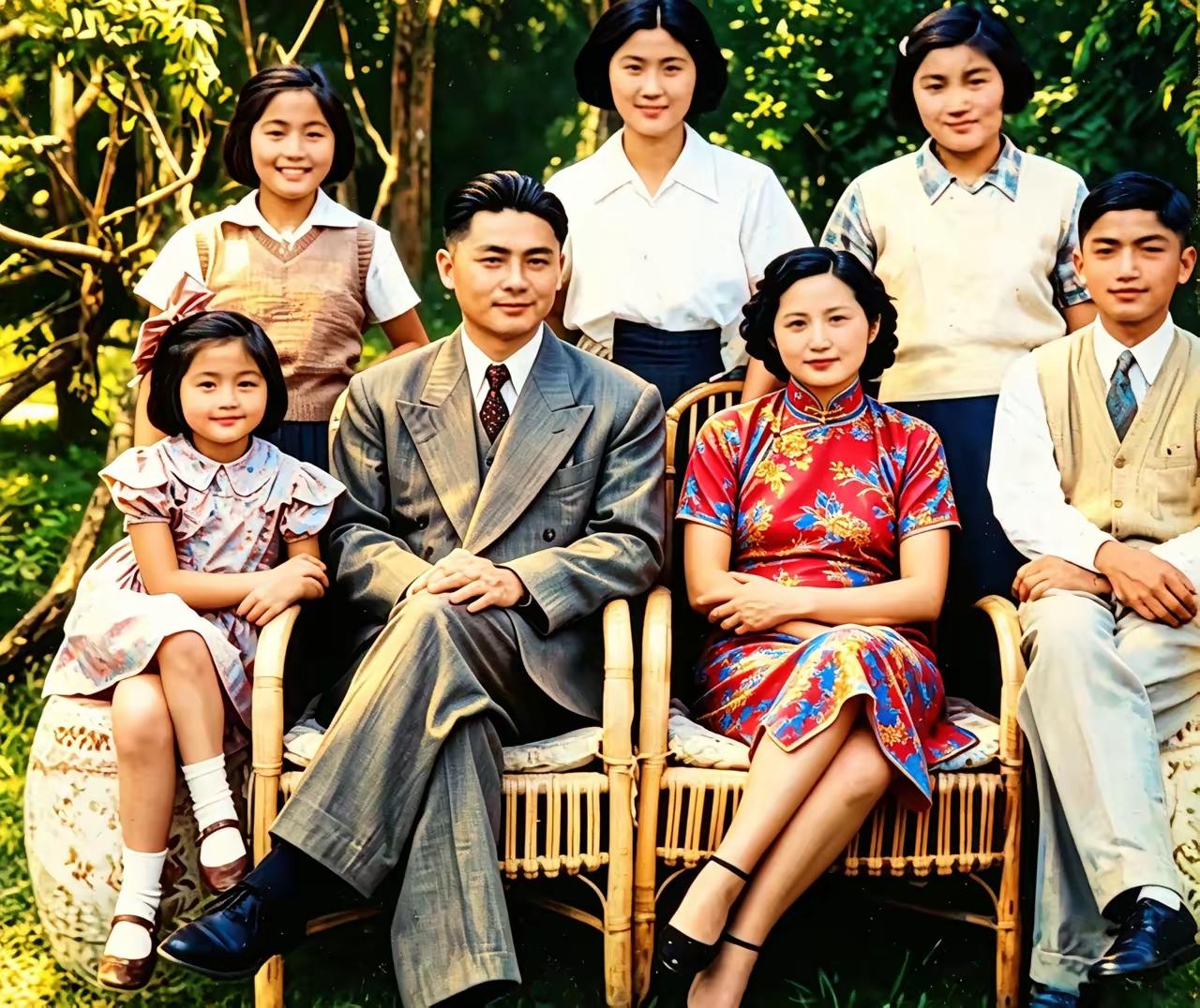 这张全家福拍摄于1948年，是荣毅仁与夫人杨鉴清，还有五个子女的合影。

彼时临