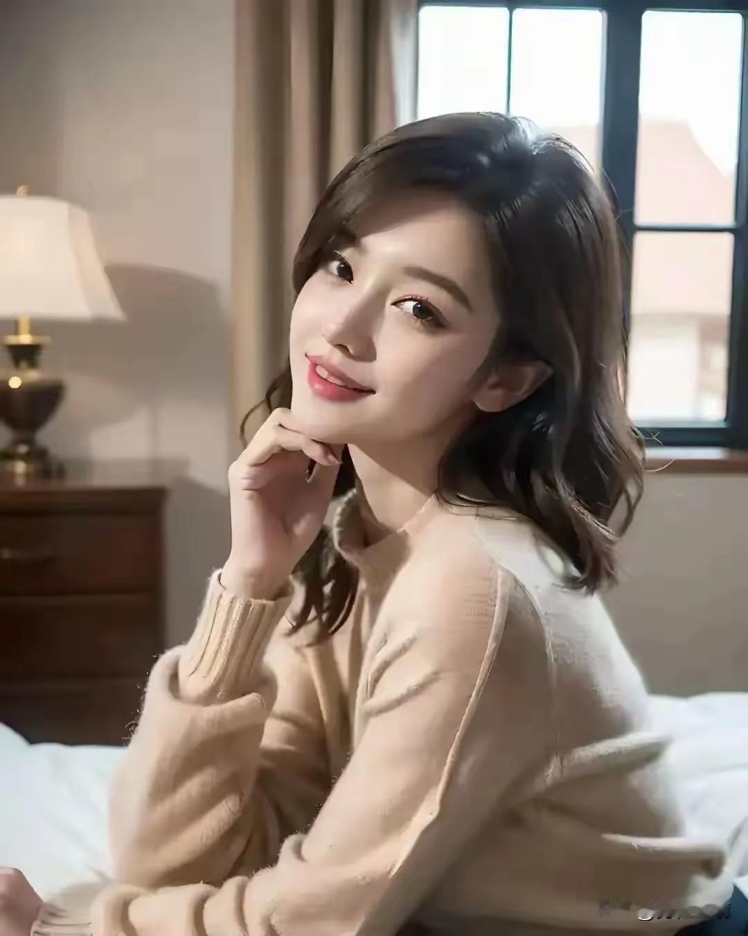 温暖冬日，慵懒午后，甜美笑容，舒适毛衣，阳光洒进房间，美好时光。