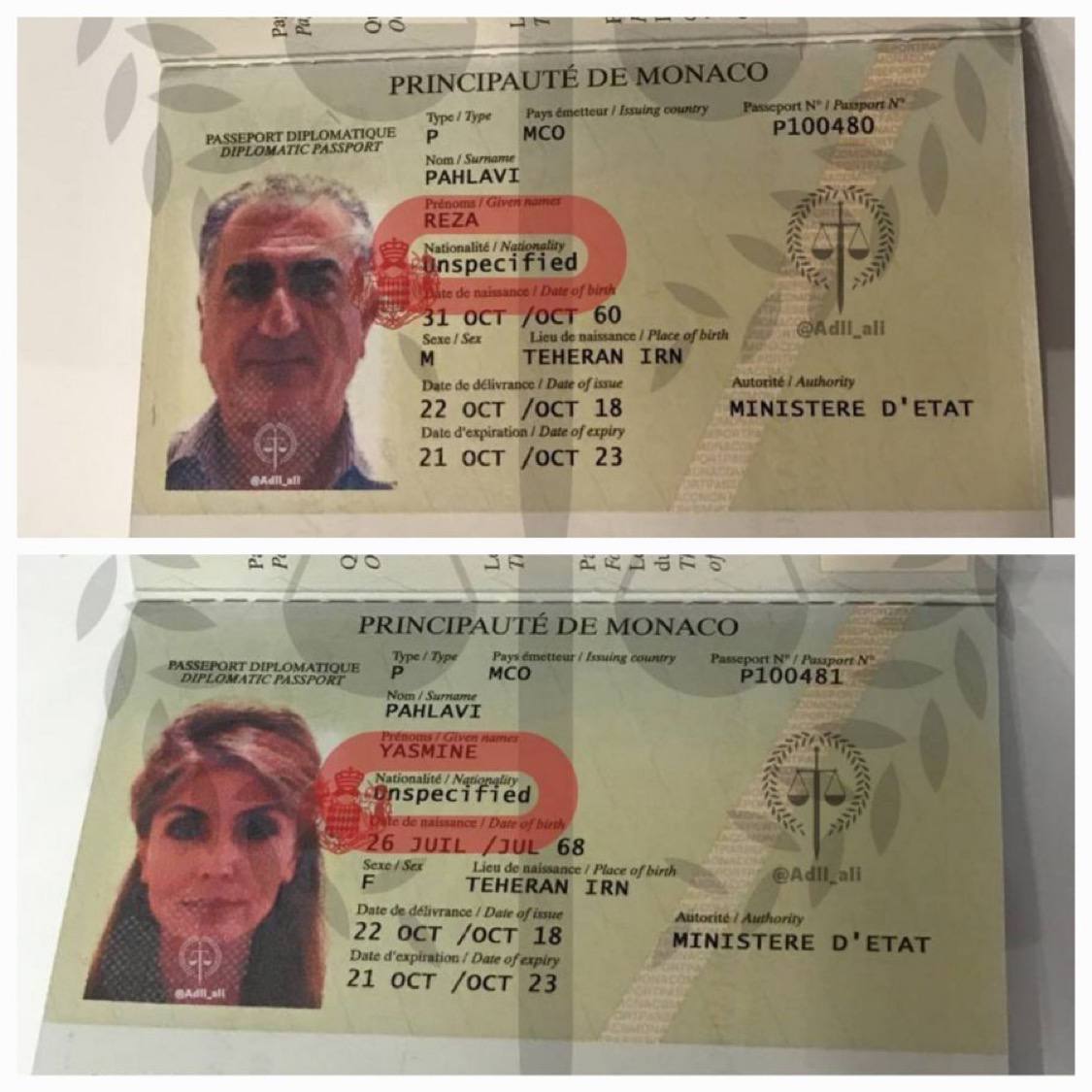 有人泄露了流亡在外的王储礼萨·巴列维及其妻子在摩纳哥的护照照片，照片显示他们的国