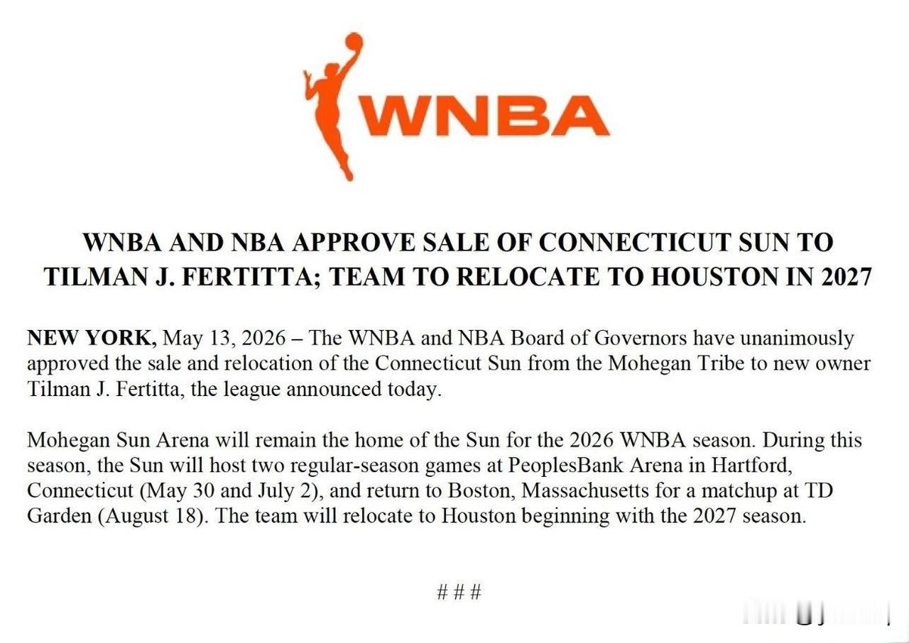 正式官宣：康州太阳队将迁至休斯顿：
WNBA与NBA批准将康涅狄格太阳队出售给蒂