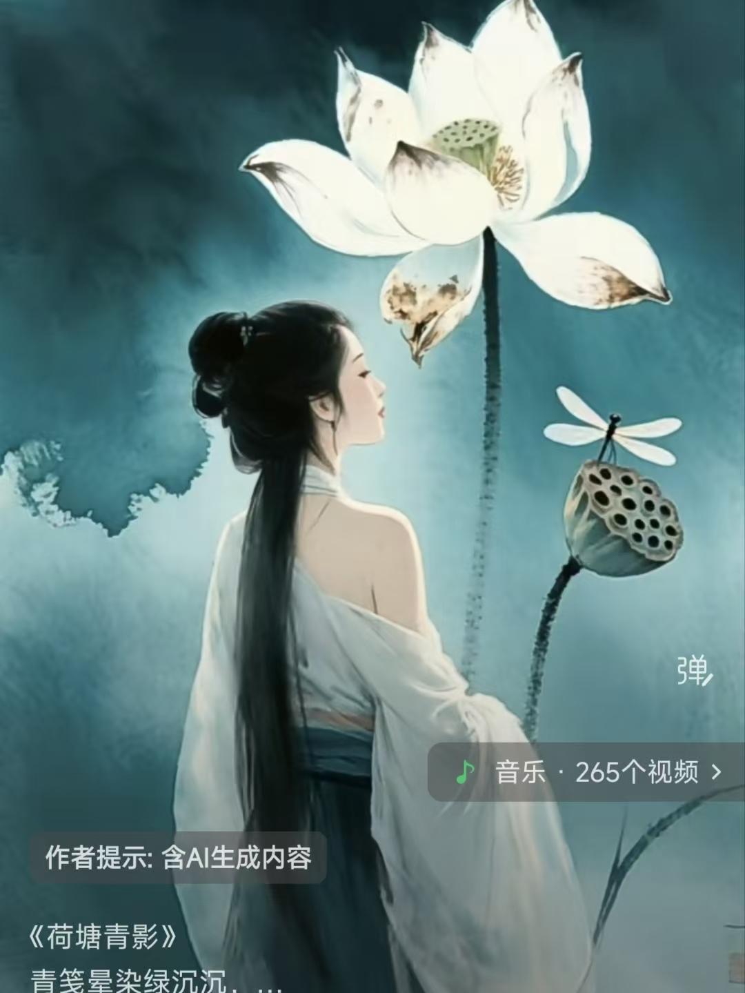 塞鸿秋·荷塘青影
青笺晕绿枝沉稳，
玉瓣离枝落水滨。
背影凝香肩微露，
罗衣逐风