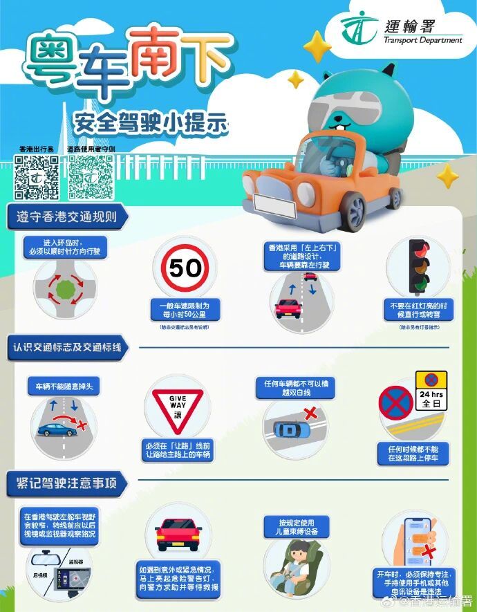 #粤车南下谨记靠左行驶#【#香港发布粤车南下交通规则指引#！提醒“左上右下”靠左