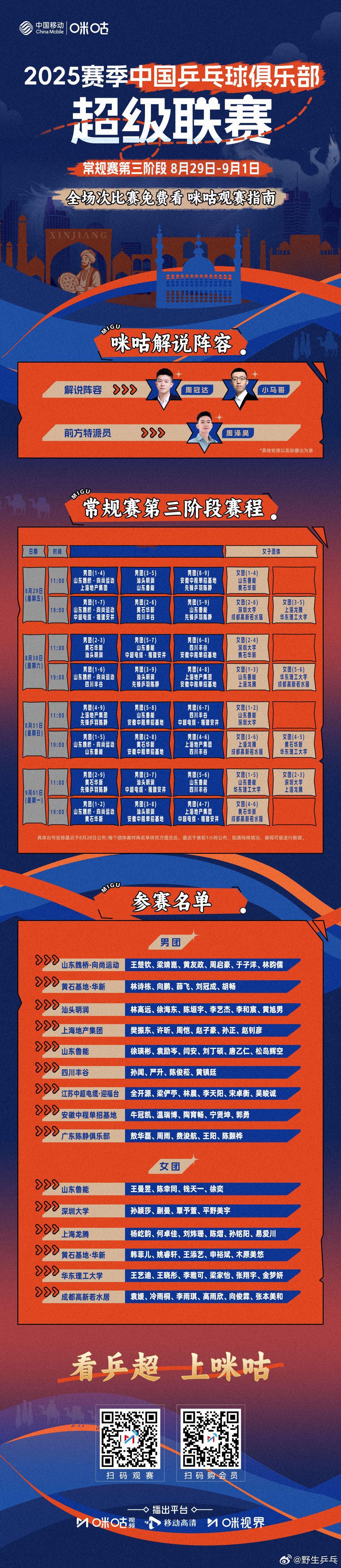 乒超联赛第三阶段倒计时1天 2025乒超联赛第三阶段将于8月29日至9月1日在乌