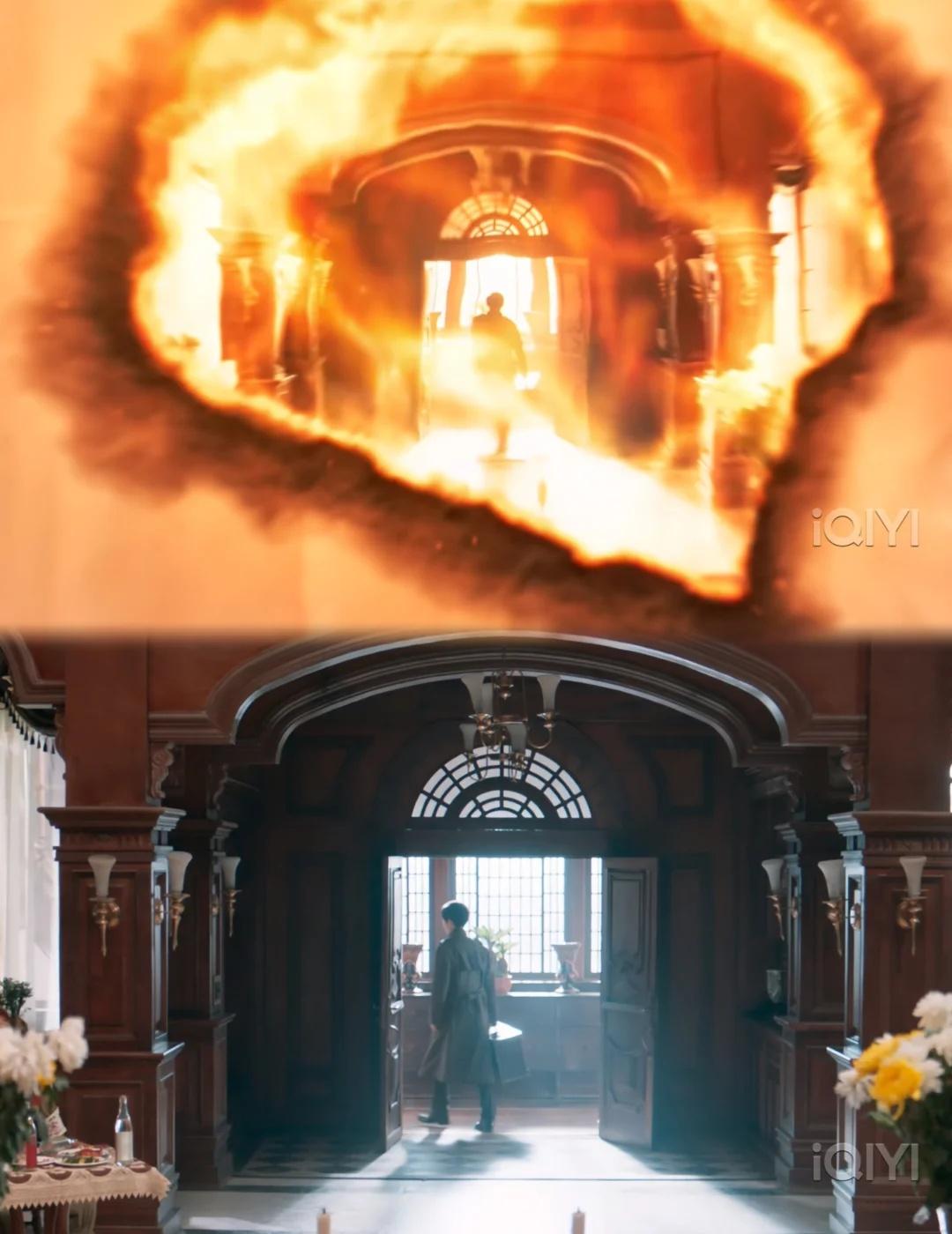 这个镜头很有意思
用一张纸的燃烧形状又像开了窗口云弘深走出去窥见另一方世界，又像