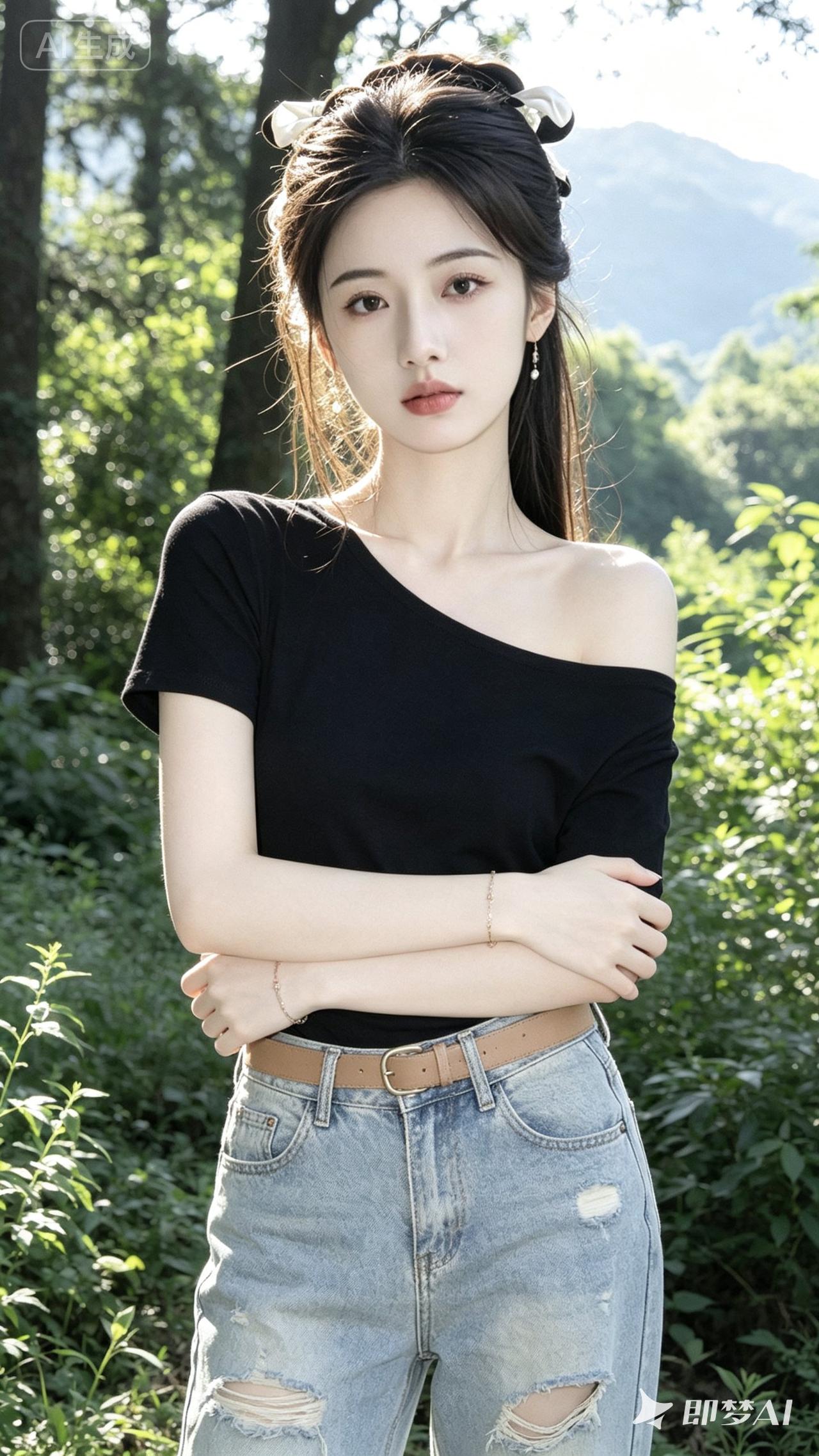 一个女孩站在绿树丛中，穿着黑色上衣和破洞牛仔裤。