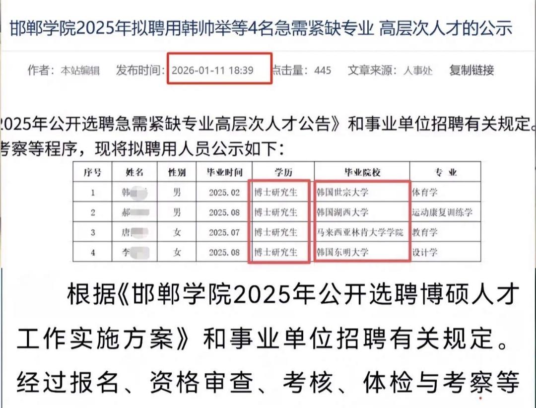 邯郸学院应当是面向全球大学选拔急需紧缺的专业人才，不然上榜的怎么都是外国的大学呢