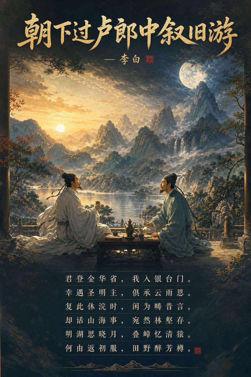 GTP提示词：为一首唐诗制作竖版电影海报质感的诗词插画，主题为《朝下过卢郎中叙旧
