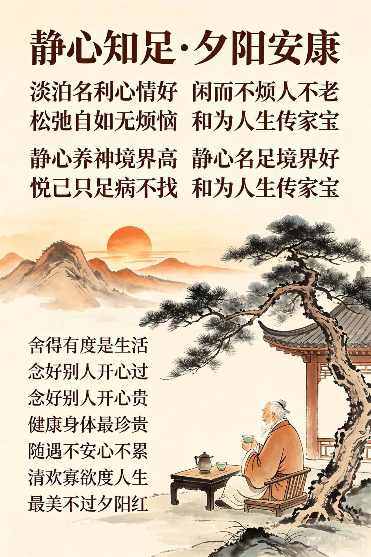静心知足   夕阳安康

淡泊名利心情好，
闲而不烦人不老。
松驰自如无烦恼，