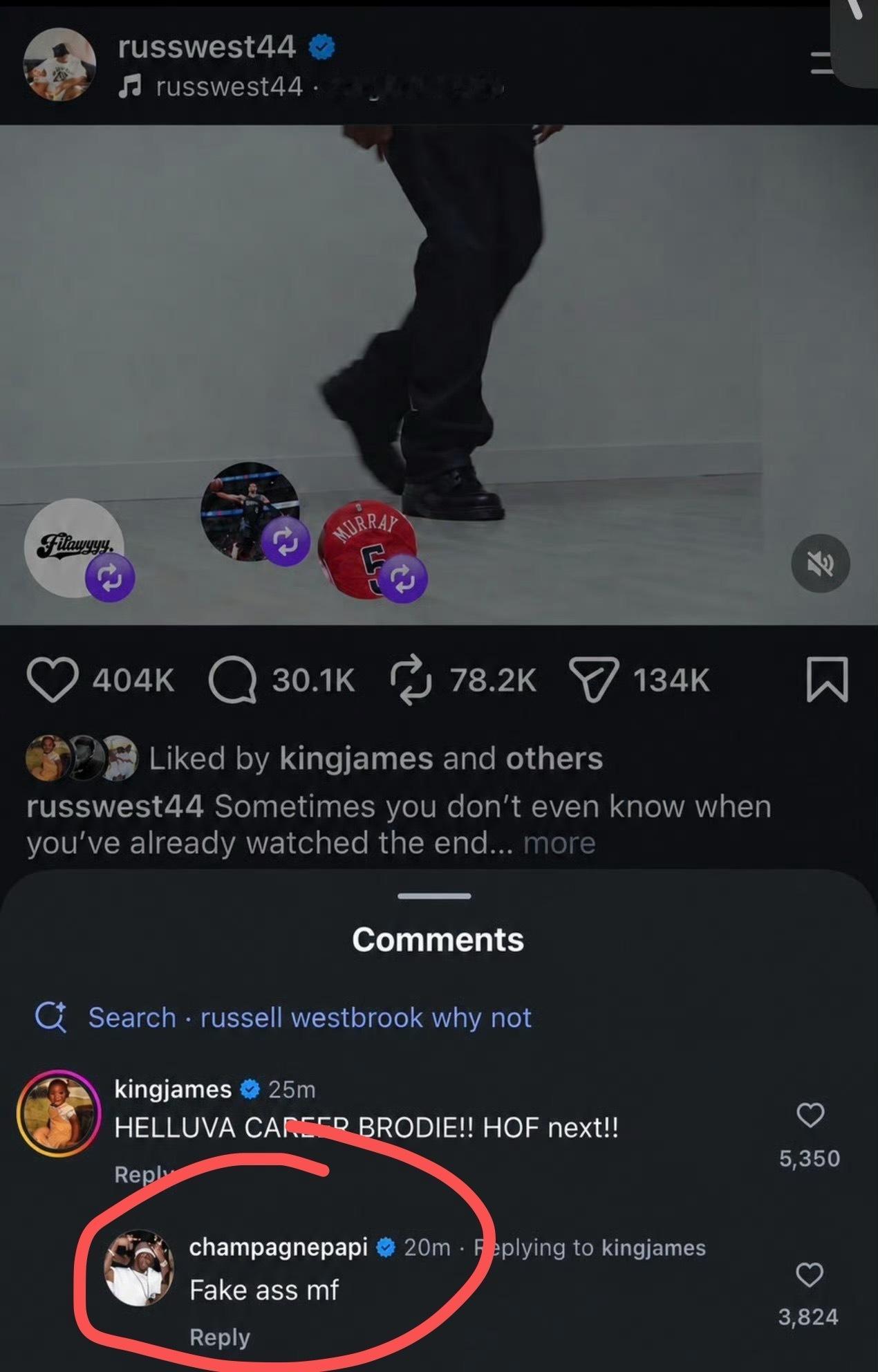 Drake 在威少退役的帖子下锐评我詹：虚伪的家伙（Fake ass mf） D