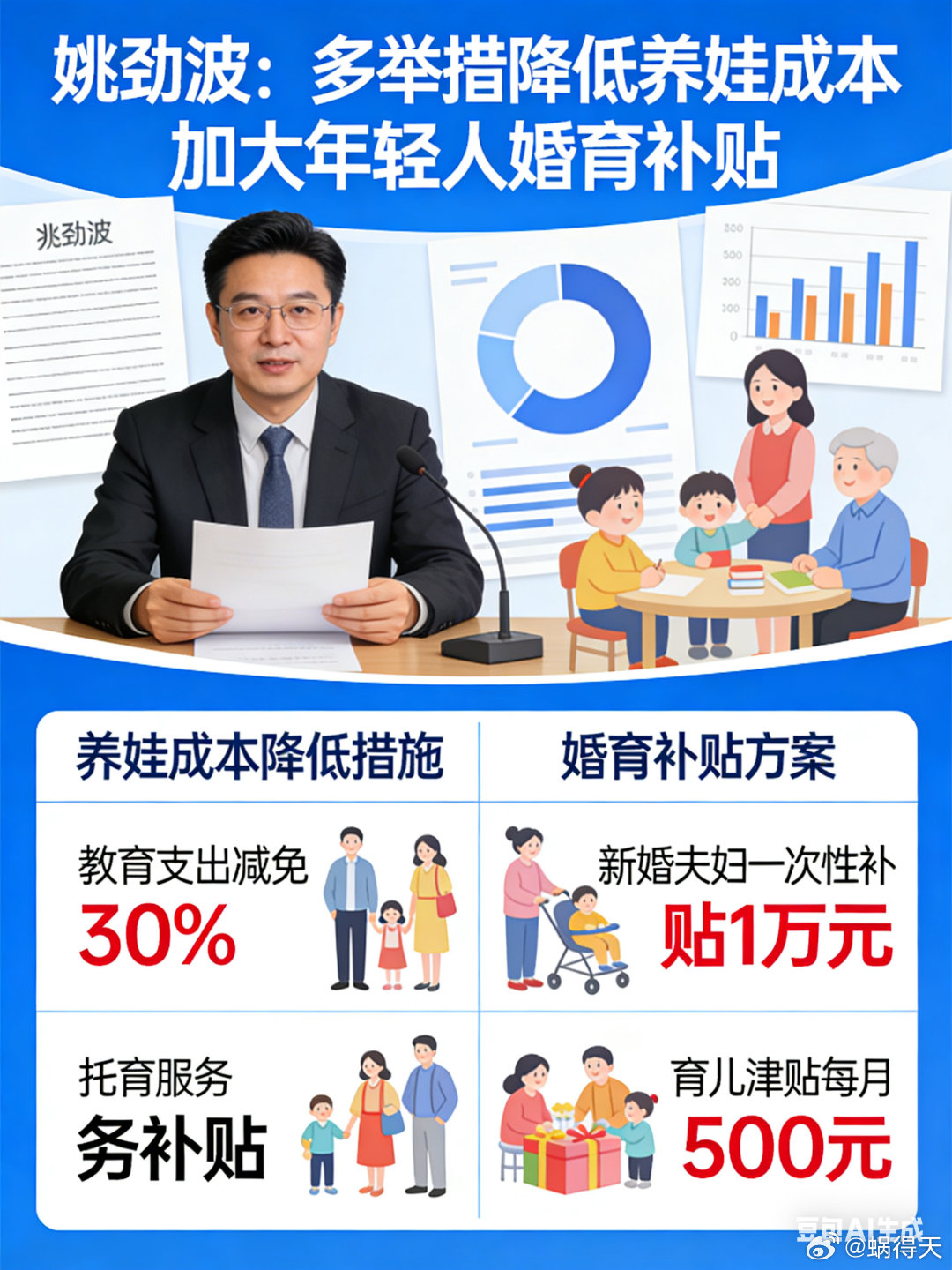 姚劲波建议加大年轻人婚育补贴减负落到实处，补贴直达家庭，托育补齐短板，就业消除顾