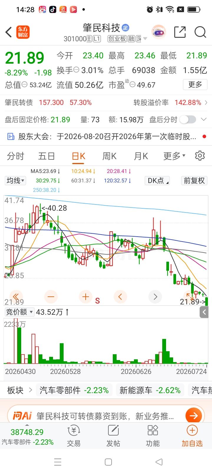 一位股民在股吧里失声痛哭。7月7号他以34元买入肇民科技8000股，一次性投入2