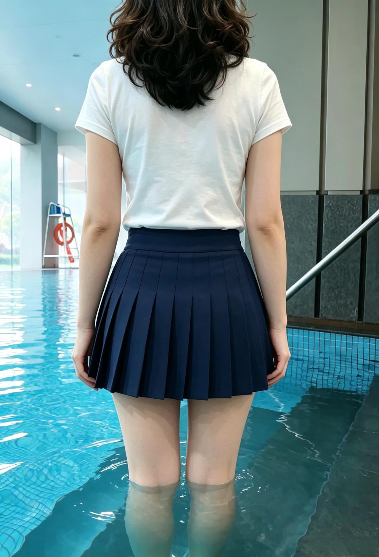 一池晴色浸春温，褶裙白衫动客魂。
谁言人间无绝色，清波照见美人痕。