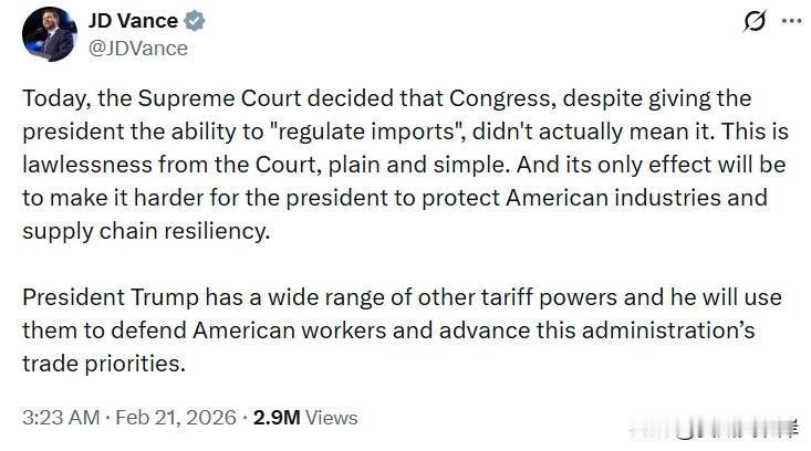 美国副总统 JD Vance发文声援川普，称最高法的裁定是不法行为。
“今天，最