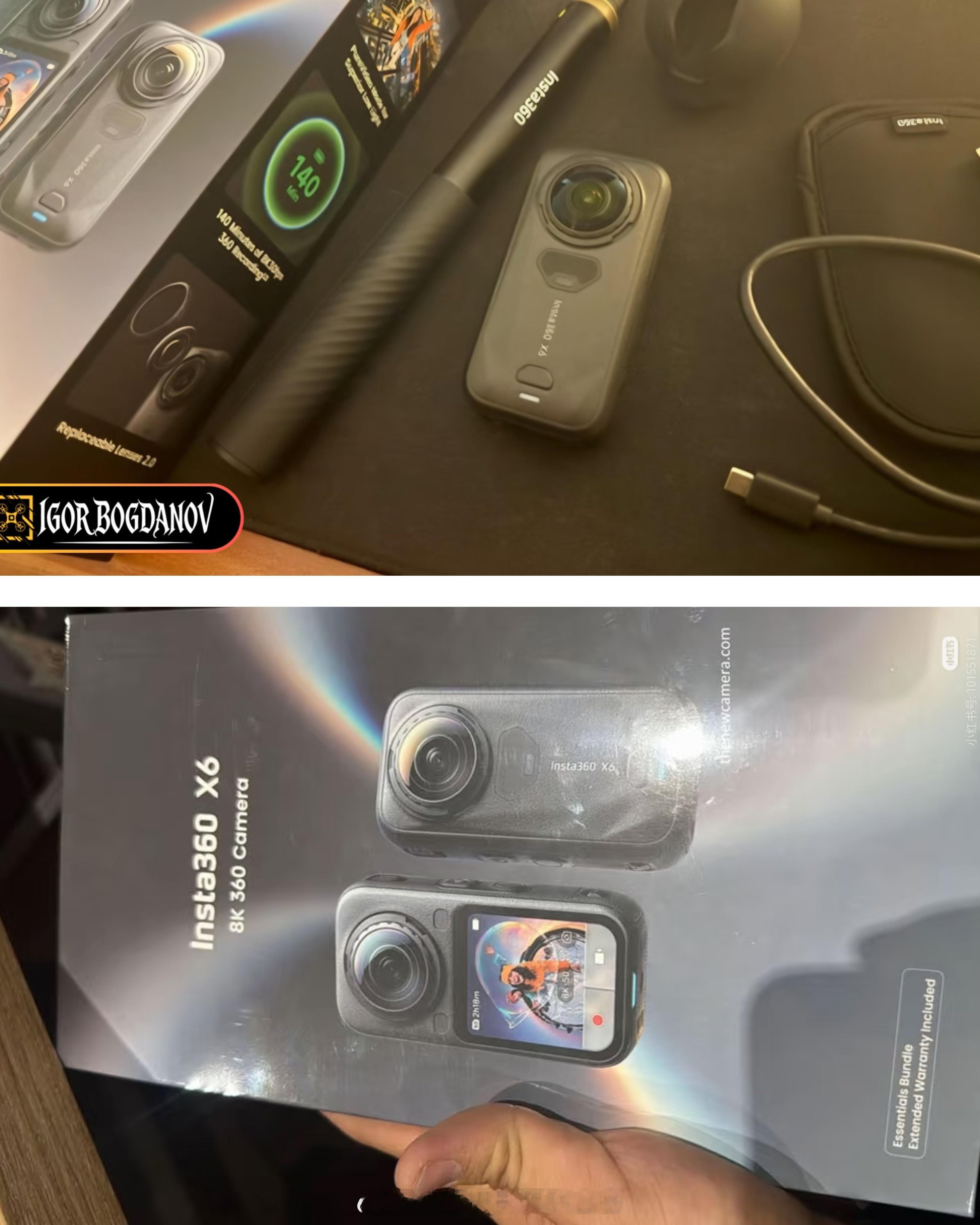 影石新品X6全景相机真机爆光，机身比上一代X5短一些，支持8K50P 全景视频录