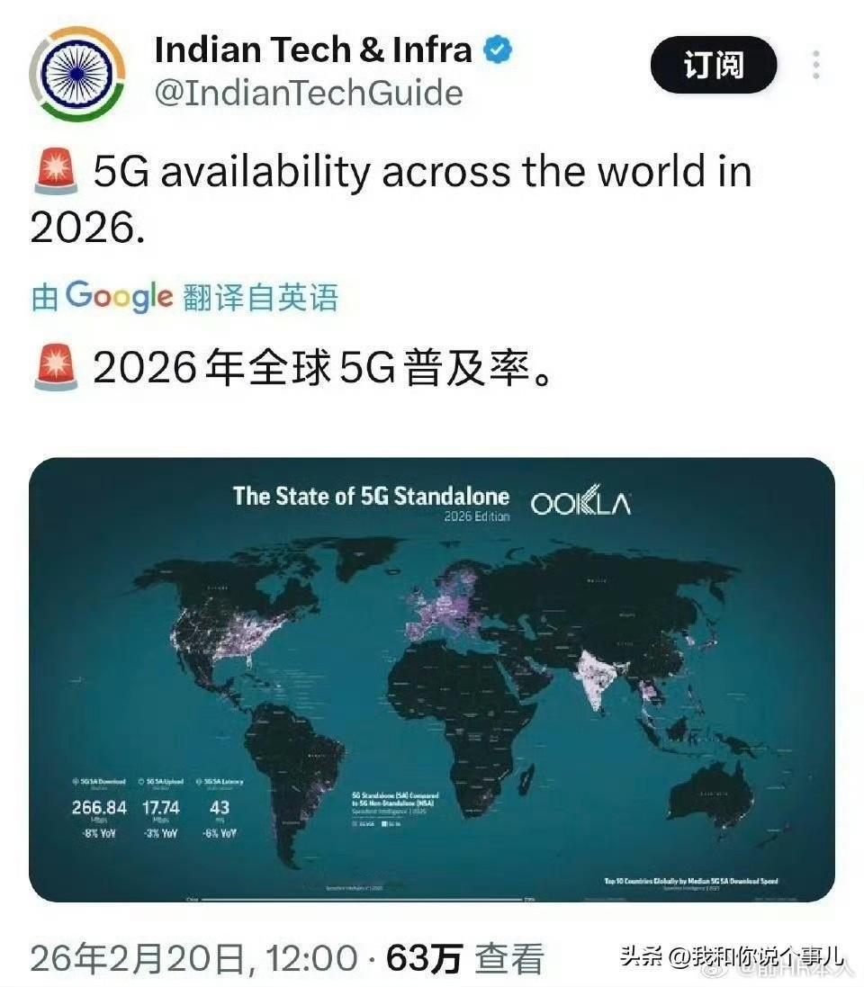 2026年2月，印度机构发布"全球5G普及率地图"，将印度标注为亮紫色（代表高覆