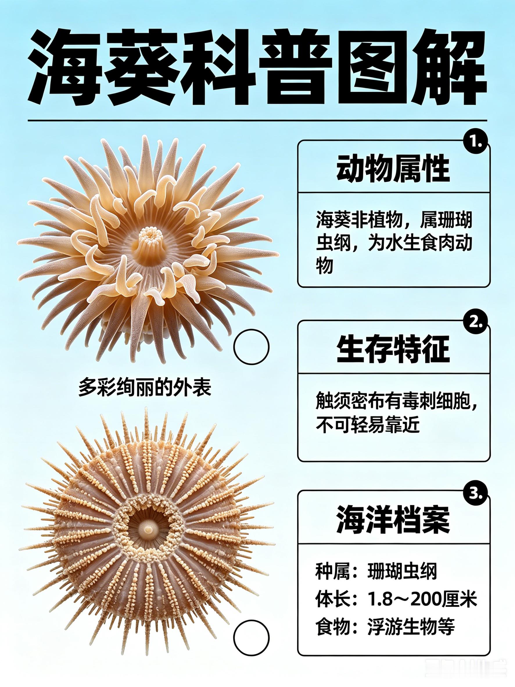 海洋朋友圈 海葵海洋档案种　属：珊瑚虫纲体　长：1.8～200厘米食　物：浮游生