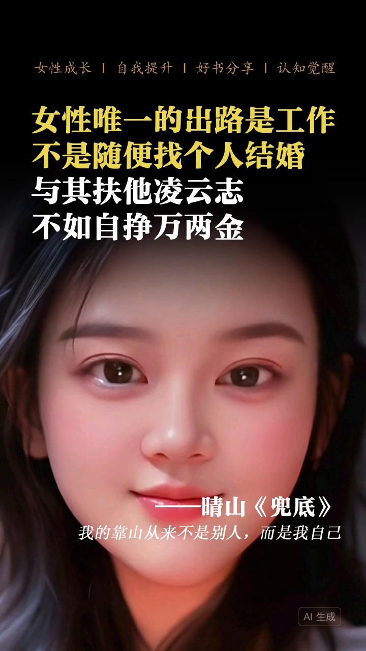 女性唯一的出路是工作，不是随便找个人结婚。与其扶他凌云志，不如自挣万两金。晴山《