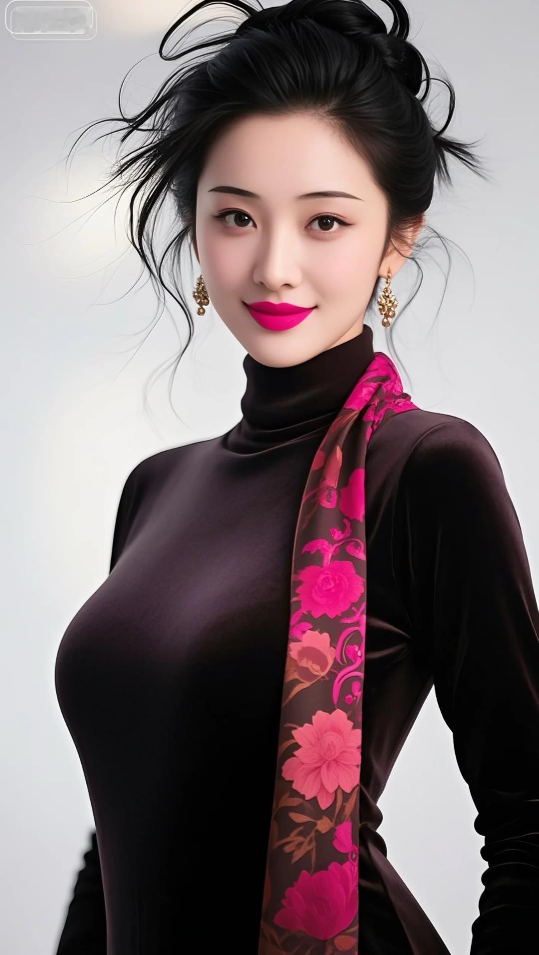 优雅黑丝绒连衣裙，搭配粉色花卉丝巾，尽显时尚与魅力！