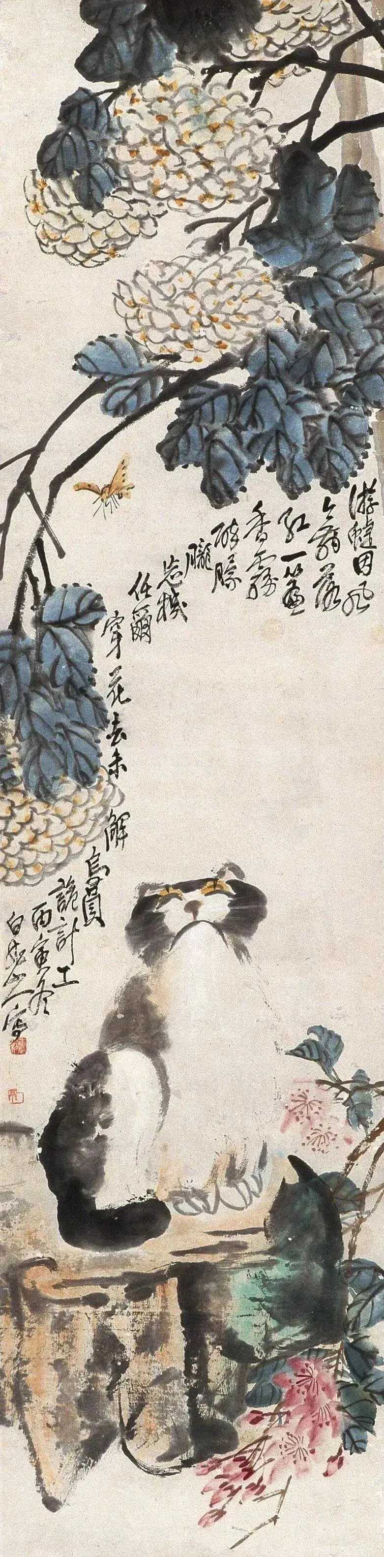 王震《猫蝶图》，王震（1867-1938）字一亭，号白龙山人，浙江吴兴人，海上画