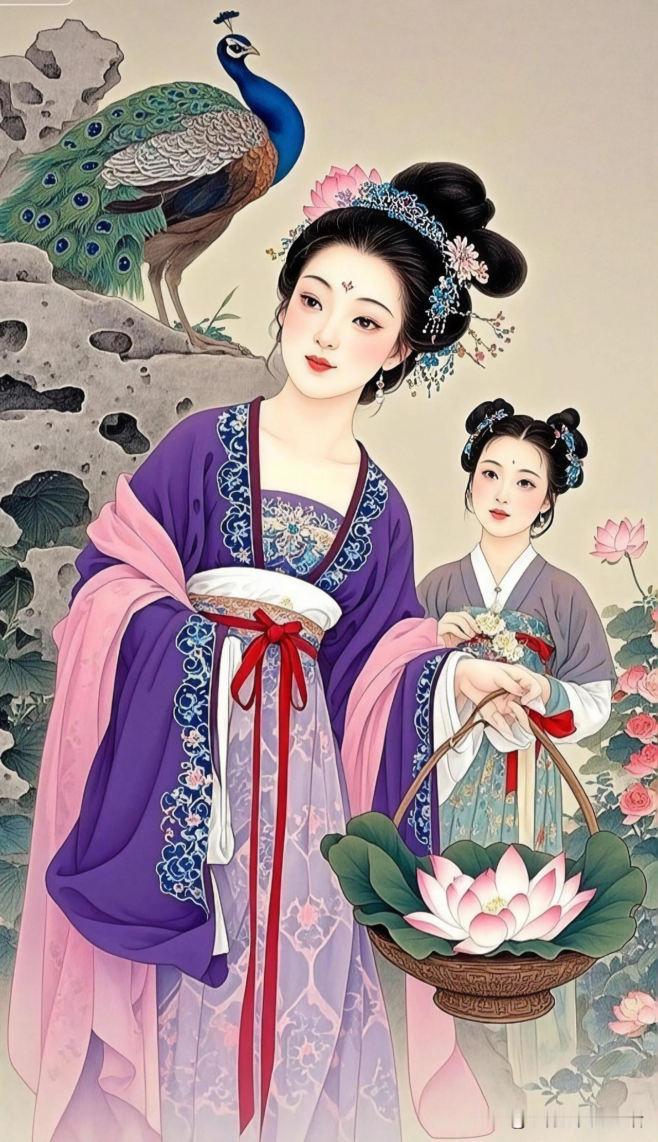 孔雀开屏映美人，莲花香里话离愁。