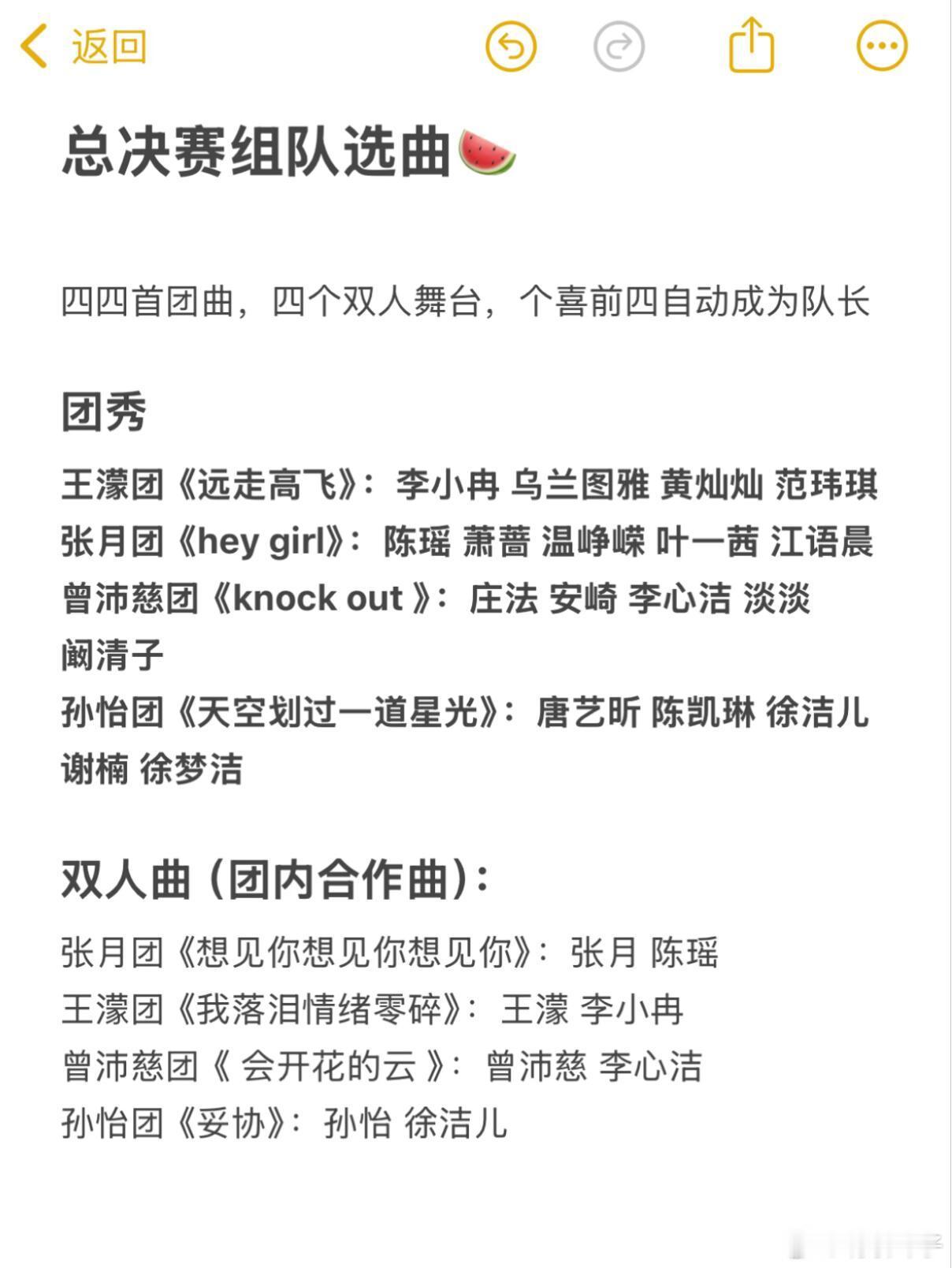 总决赛组队选曲🍉四四首团曲，四个双人舞台，个喜前四自动成为队长团秀：王濛团《远