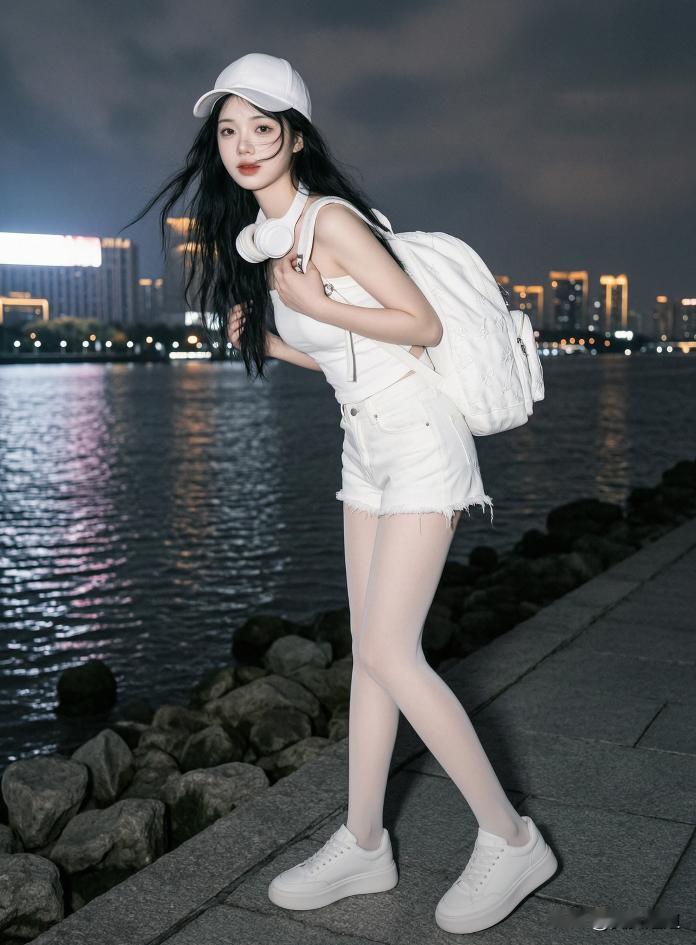 夜晚漫步江边，白色少女与城市灯火相映成趣。