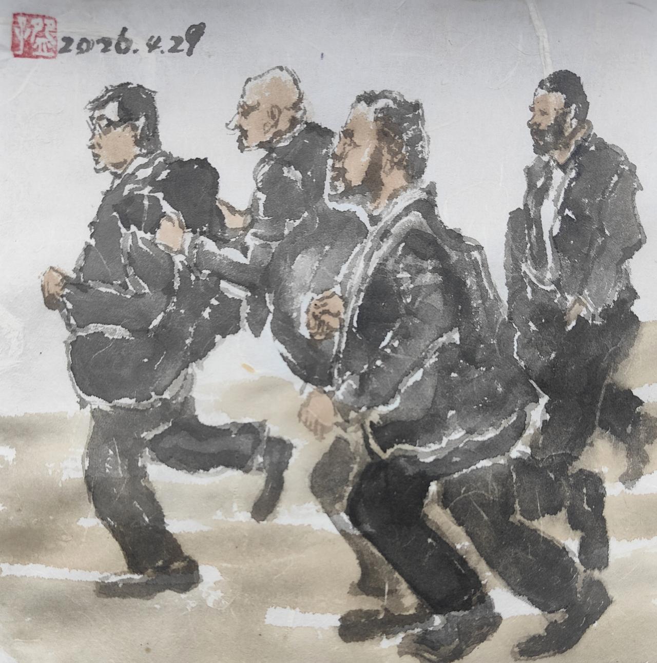 碗子的纸片水墨《白宫记者协会晚宴枪声系列之奔跑撤离的众议院议长迈克.约翰逊》