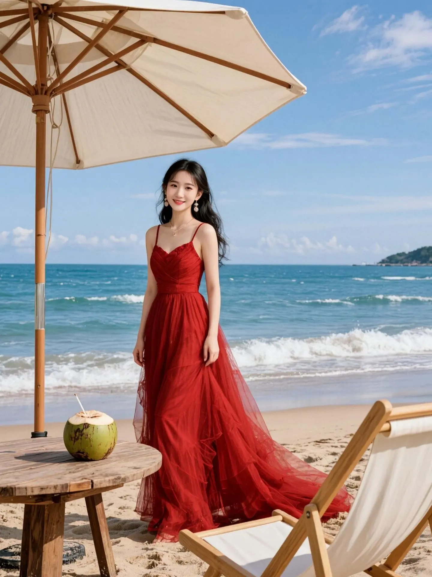 AI海滨红裙照 ai创作