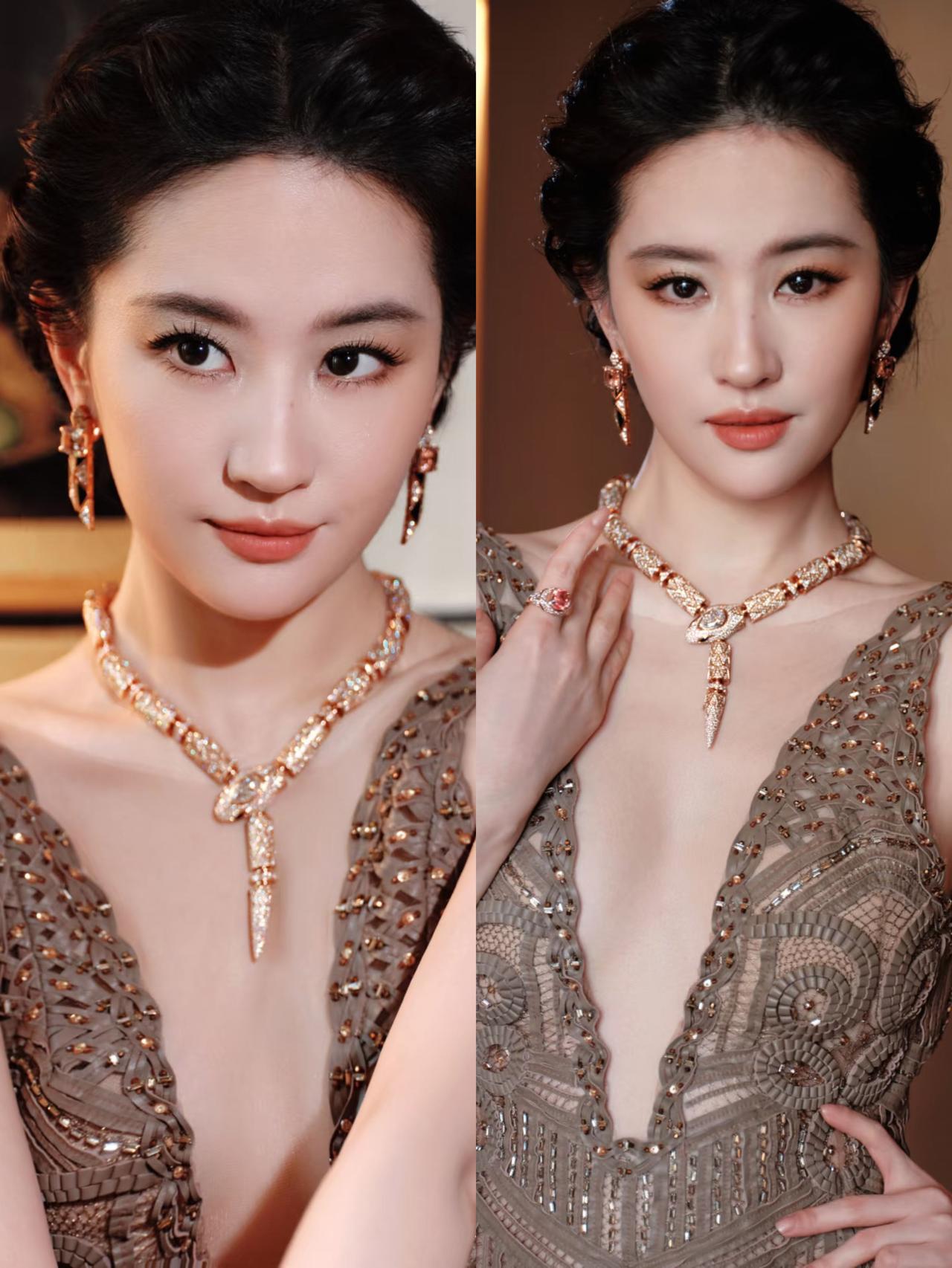 我朋友有幸去了宝格丽珠宝展现场，

​看到了刘亦菲，

​她说刘亦菲真的一点都不