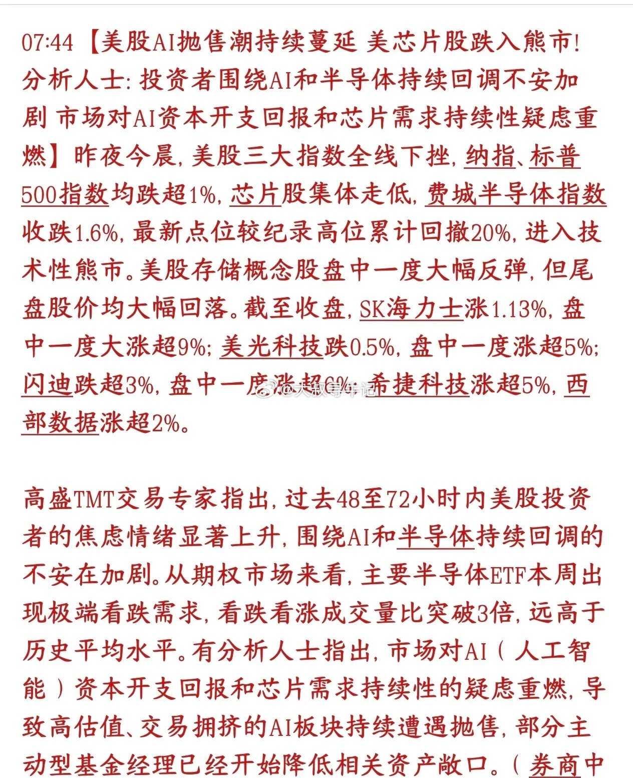 美股芯片也进入了熊市，全球AI逻辑发生根本改变，不是就A股跌美股费城半导体指数，