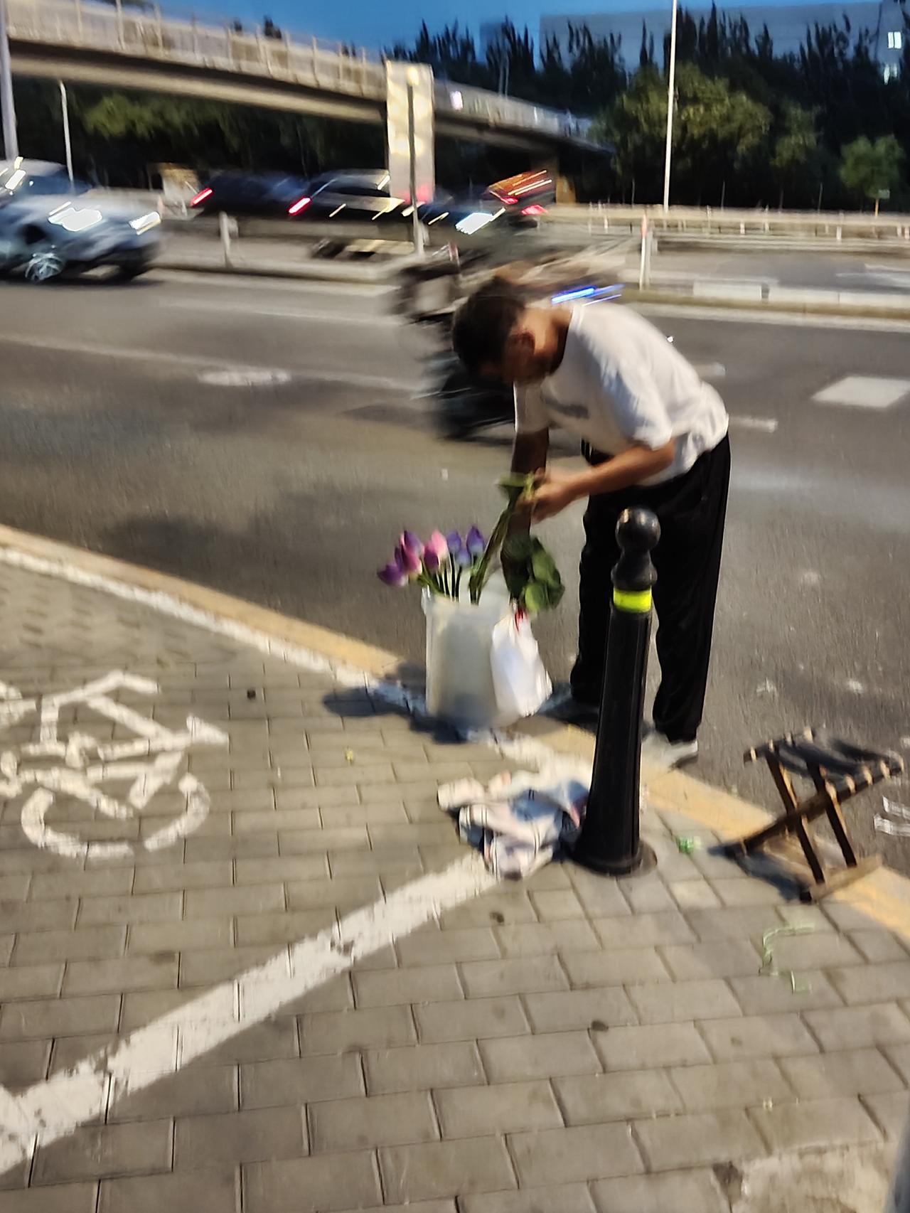 就那么巧，今天晚上回家，在西四环路边儿，又遇到了卖荷花的黑壮汉，他卖了一天的荷花