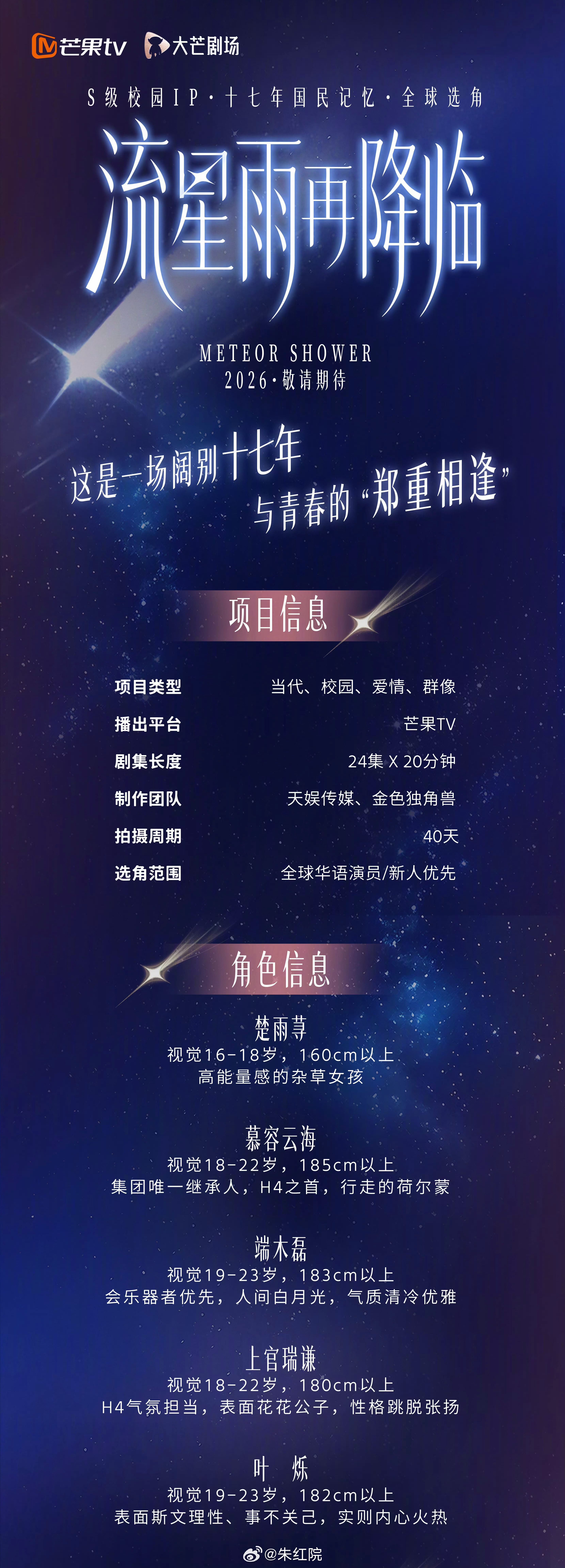 S级校园IP《流星雨再降临》全球选角简介：平凡少女楚雨荨考入艾利斯顿商学院后意外