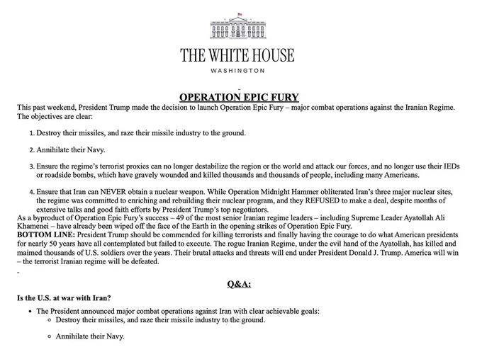 美国公布对伊朗的战争目标：使伊朗去军事化，摧毁其导弹部队、生产设施与海军舰队；推