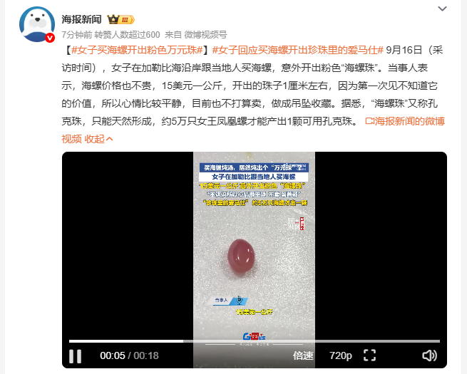 女子买海螺开出粉色万元珠这运气也太离谱了，15美元一公斤的海螺随手买，直接开出了