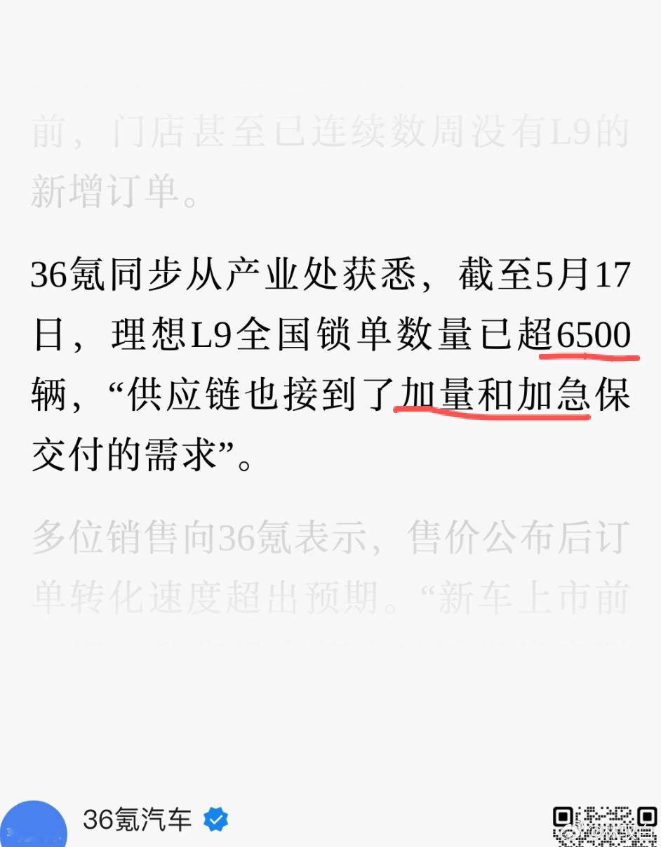 据36氪的消息，目前全新一代理想L9全国锁单数量已超6500辆，"供应链也接到了