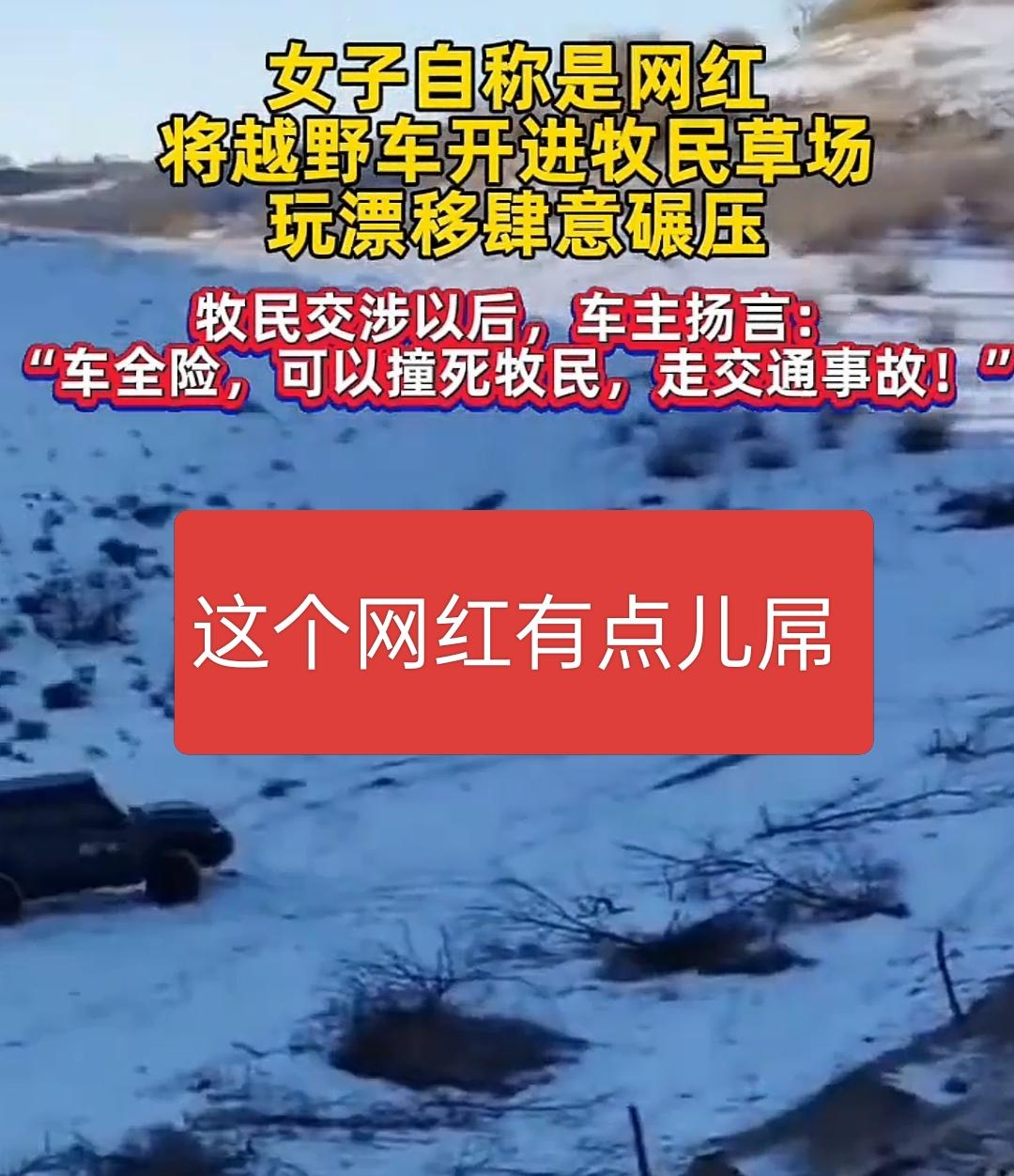这个女网红有点儿屌，开越野车在牧民草场横冲直撞，被牧民劝阻后更加嚣张，扬言车上的