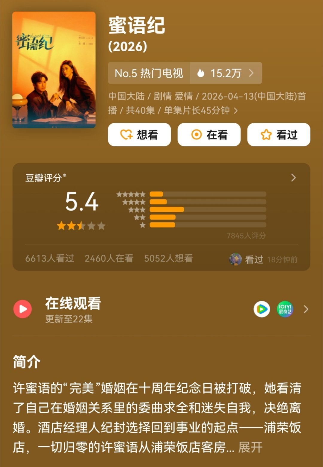 蜜语纪豆瓣5.4分蜜语纪5.4分钟汉良朱珠的《蜜语纪》豆瓣开分5.4分，你觉得这