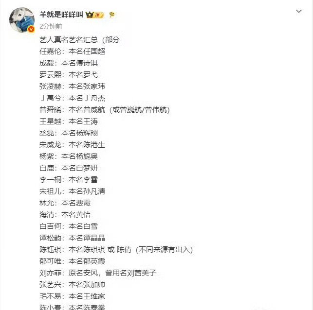 艺人真名艺名汇总（部分）任嘉伦：本名任国超成毅：本名傅诗淇罗云熙：本名罗弋张凌赫