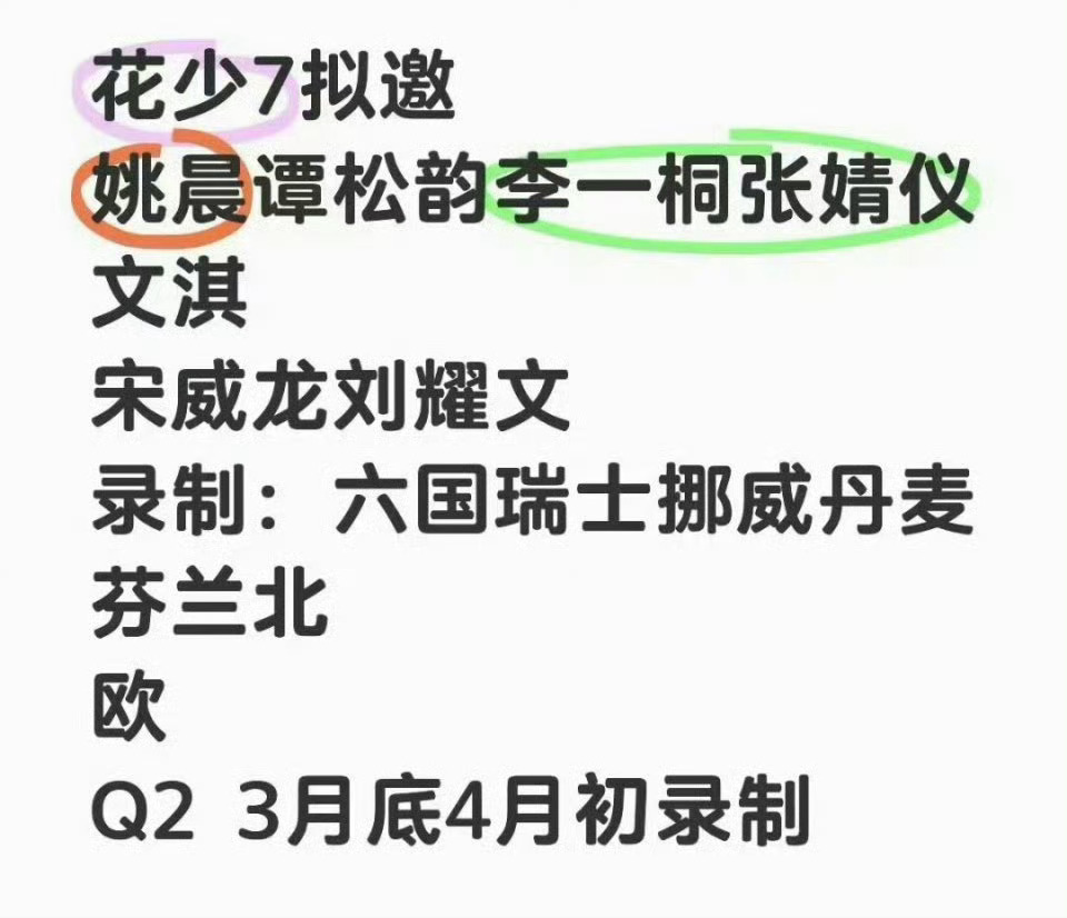 花少7最新拟邀阵容：姚晨、谭松韵、李一桐、张婧仪、文淇宋威龙、刘耀文花少7拟邀 