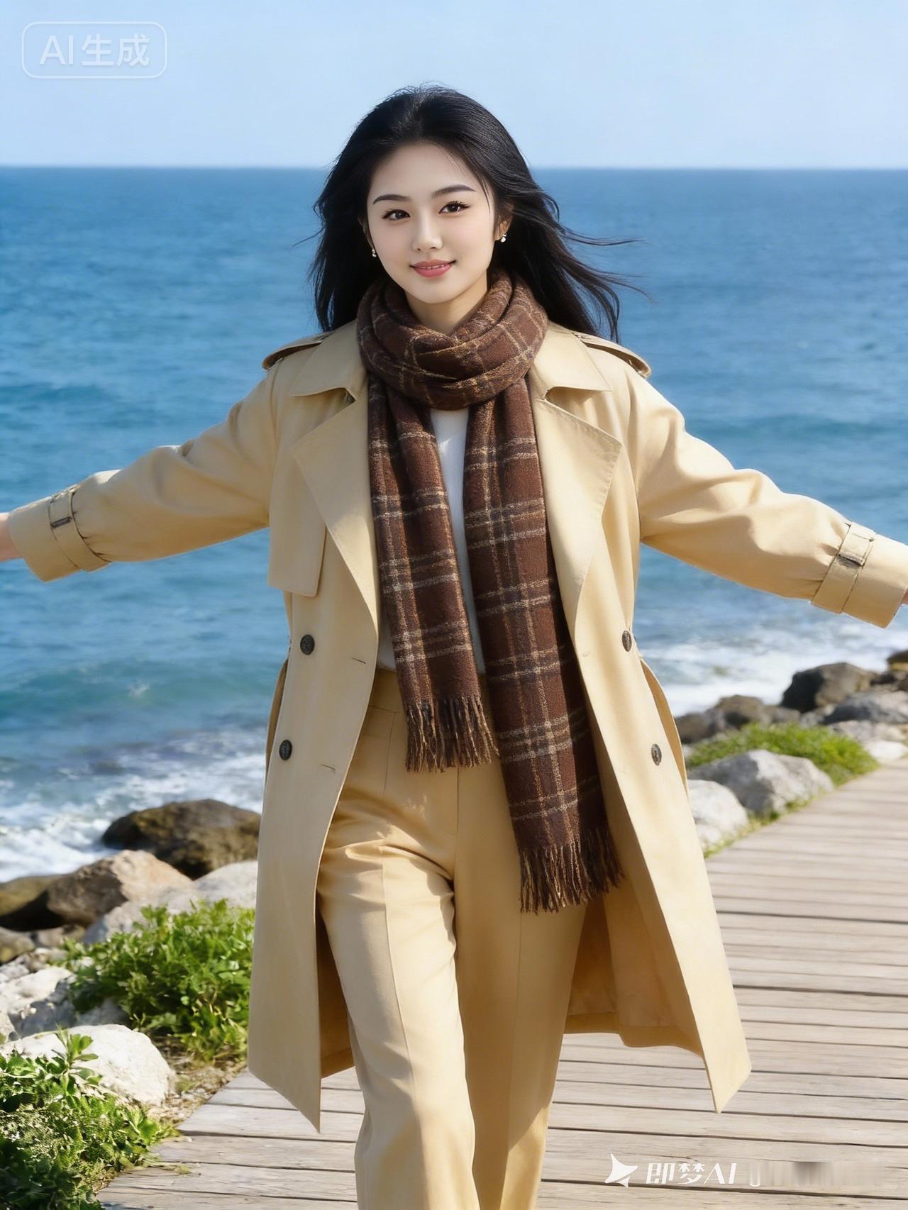 海边漫步，温暖风衣与围巾的完美搭配，享受海风拂面的惬意时光。🌊👗🧣
