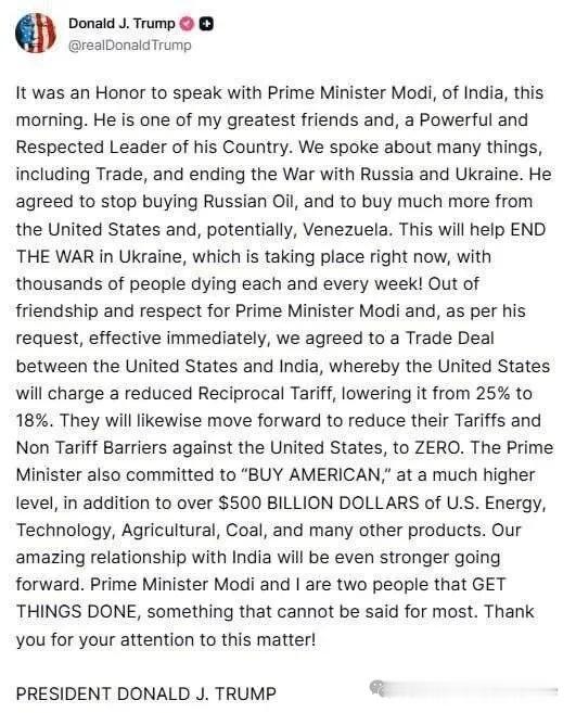 烽火问鼎计划 特朗普发帖称，印度总理莫迪在与特朗普的通话中，同意停止购买俄罗斯石